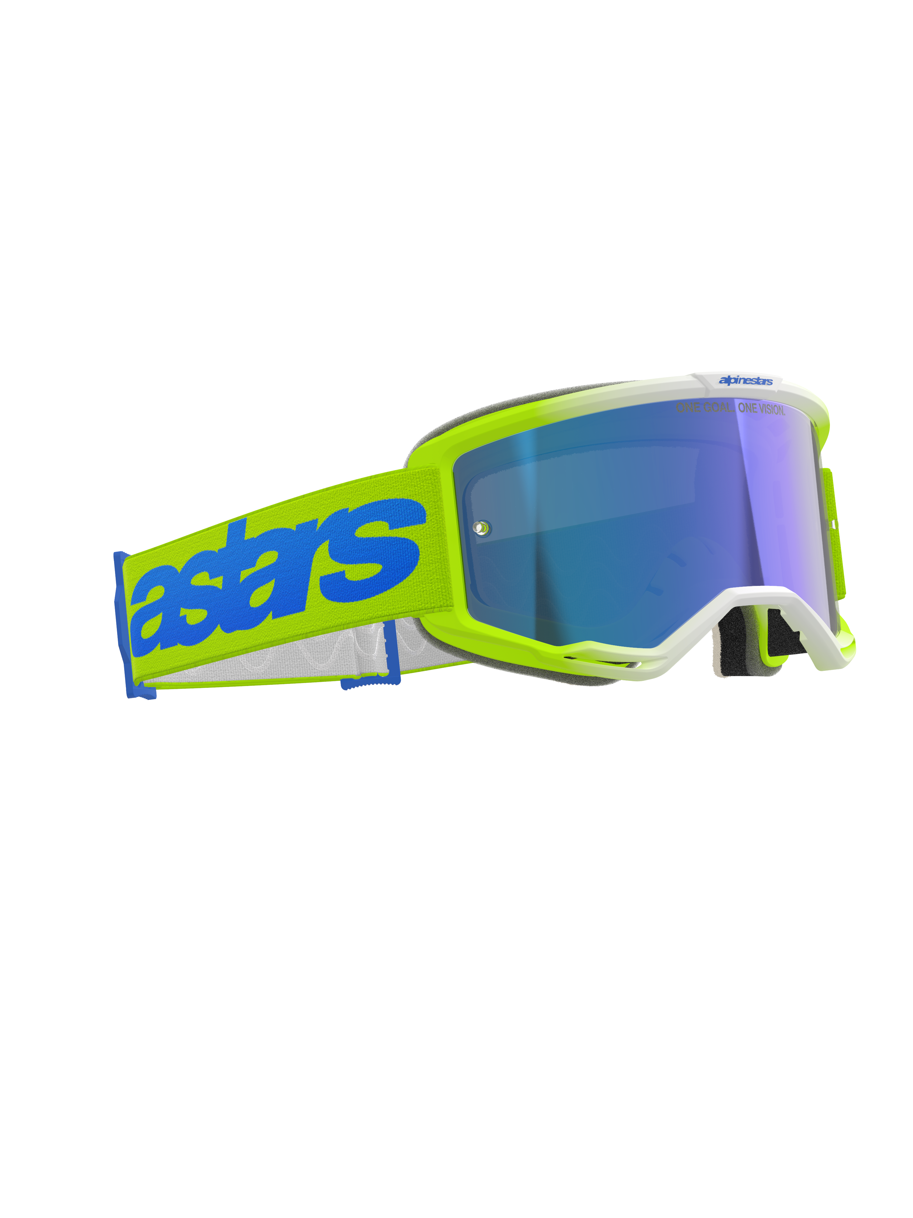 Alpinestars Vision 5 Blaze Goggles, Motocross Goggles, Fluo Yellow and Blue, Mirror Blue Lens, wide yellow woven strap with bold blue 'astars' logo, professional protective eyewear for off-road racing