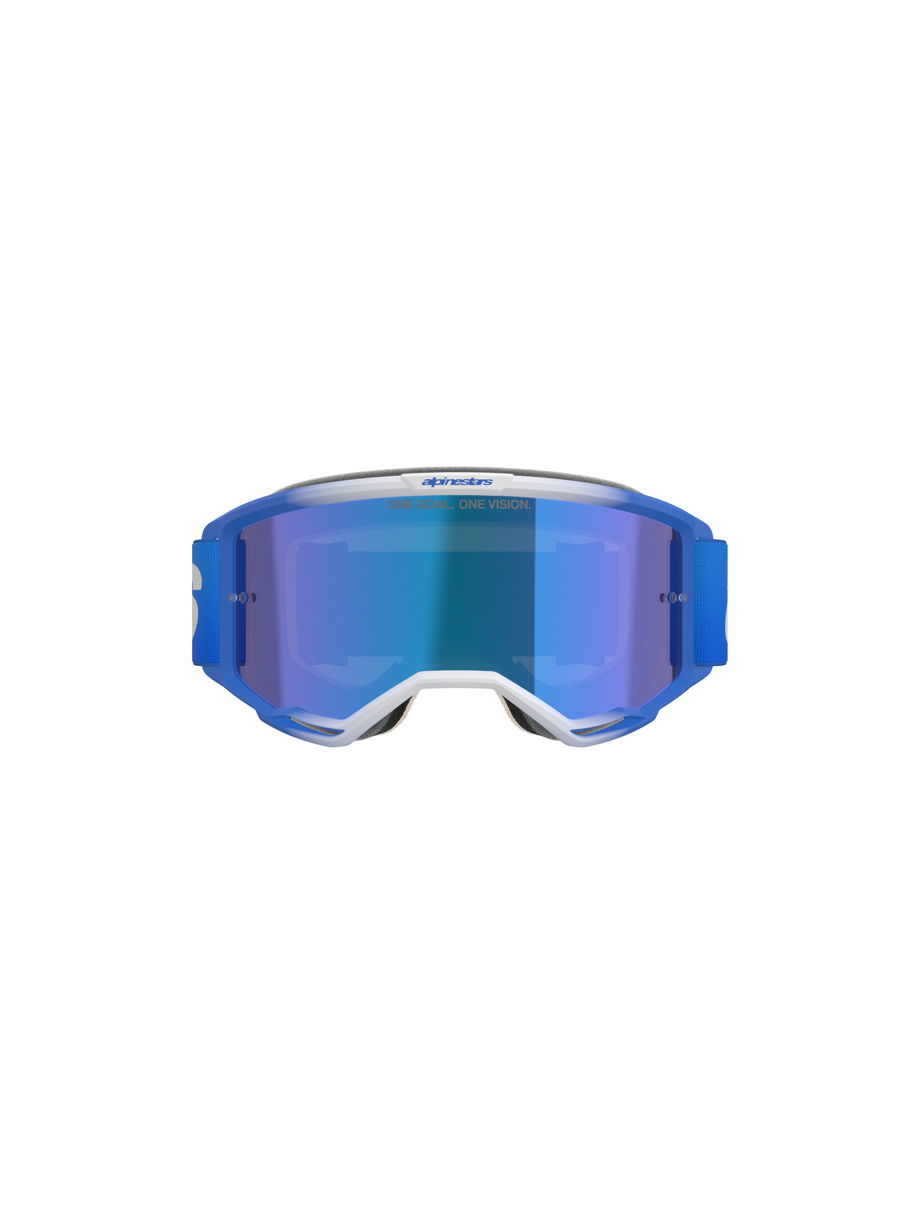 Alpinestars Vision 5 Blaze Goggles, Motocross Goggles, Blue Mirror Blue, front view featuring blue and white A-FLEX frame with blue mirror lens and blue woven strap, professional off-road eye protection
