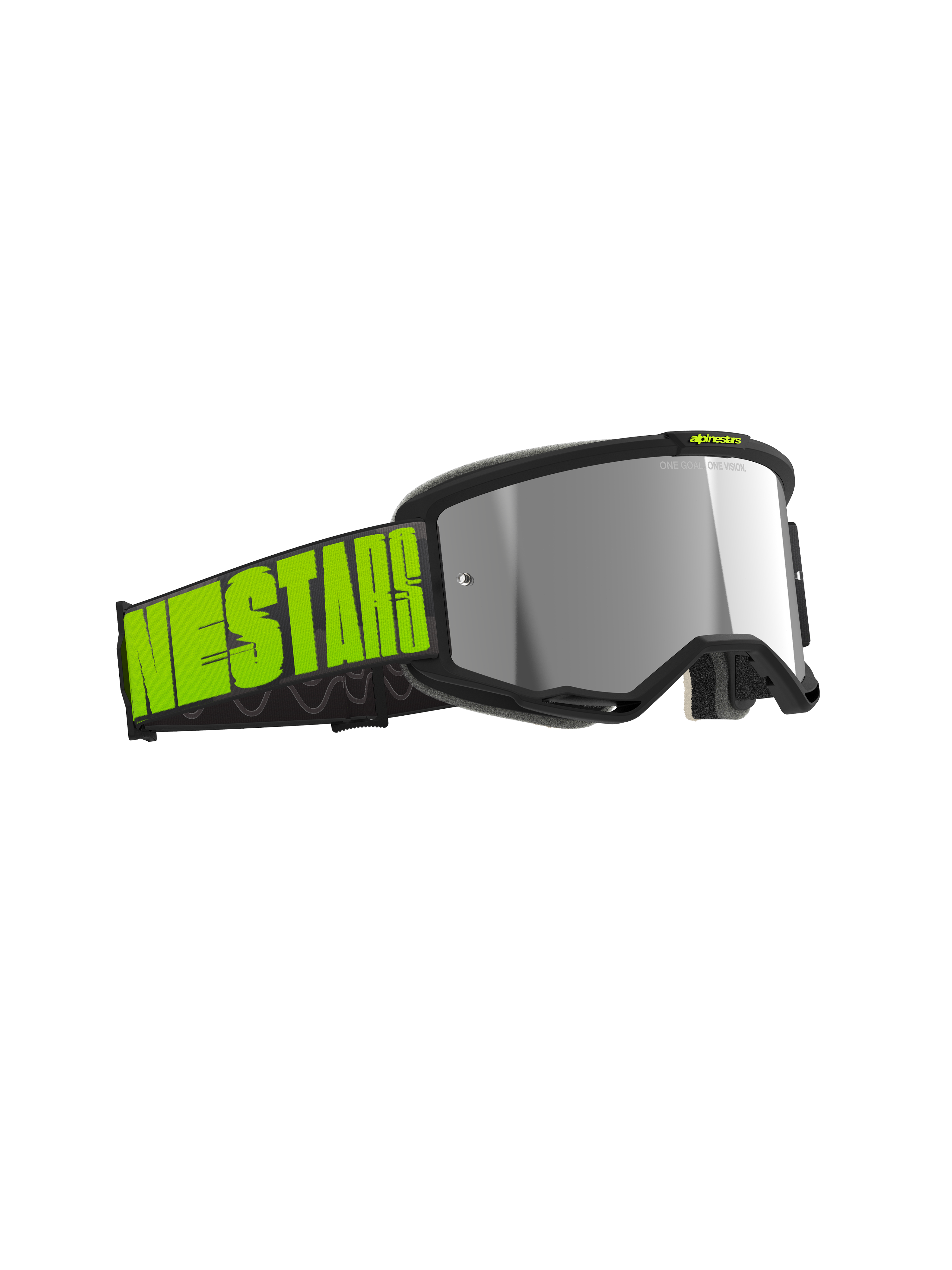 Alpinestars Vision 5 Hollow Goggles, Motocross Goggles, Charcoal and Yellow Fluo, Silver Mirror lens, wide black strap with bold neon yellow branding, sleek frame with RAM-AIR ventilation for off-road racing