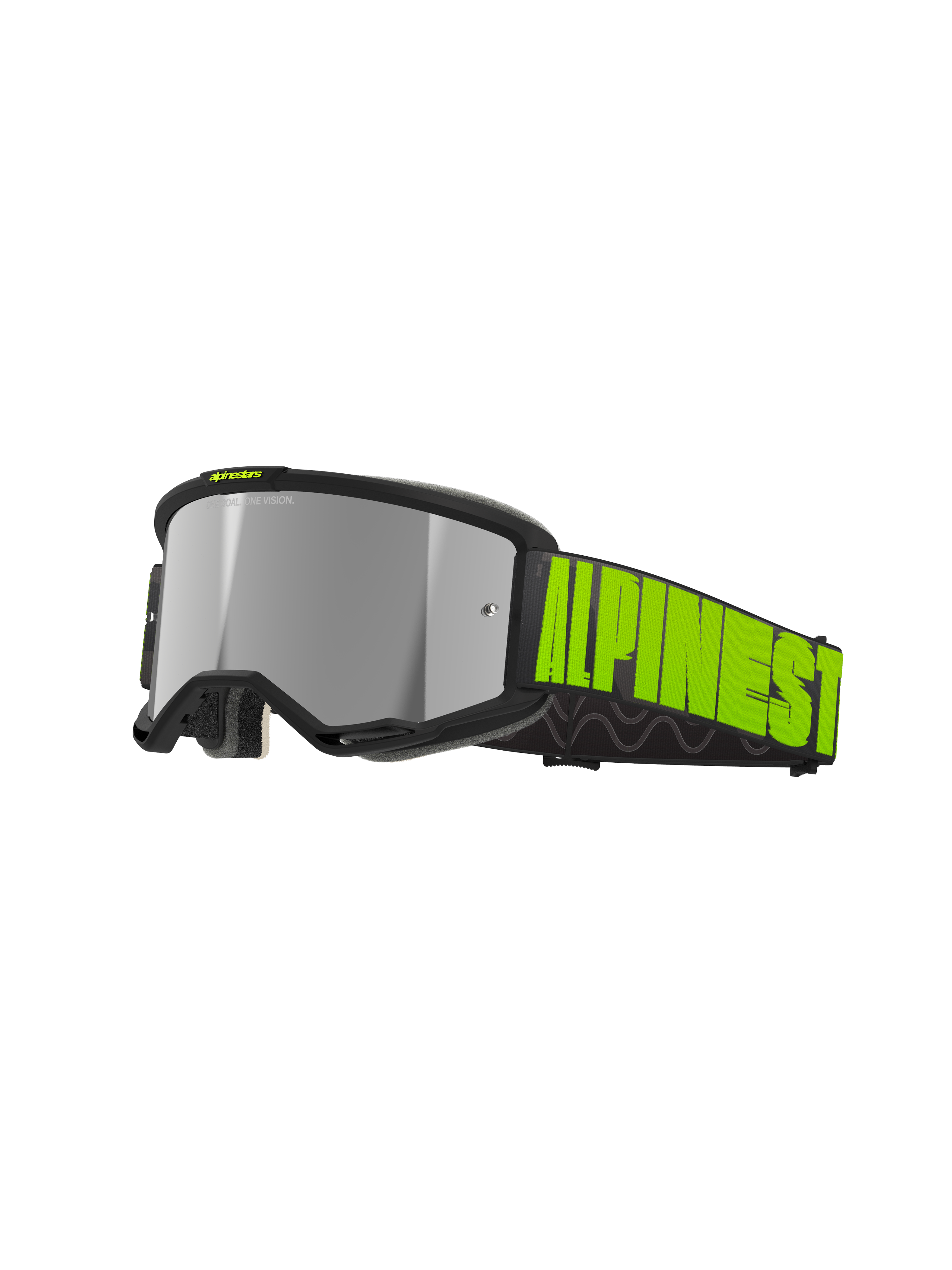 Alpinestars Vision 5 Hollow crossbriller, motocross off-road briller, koksgrå og neongul, reflekterende sølv spejllinse med sort stel, bred sort rem med markant neongul branding og indvendigt silikonegreb, ventilationshuller og blødt ansigtsskum