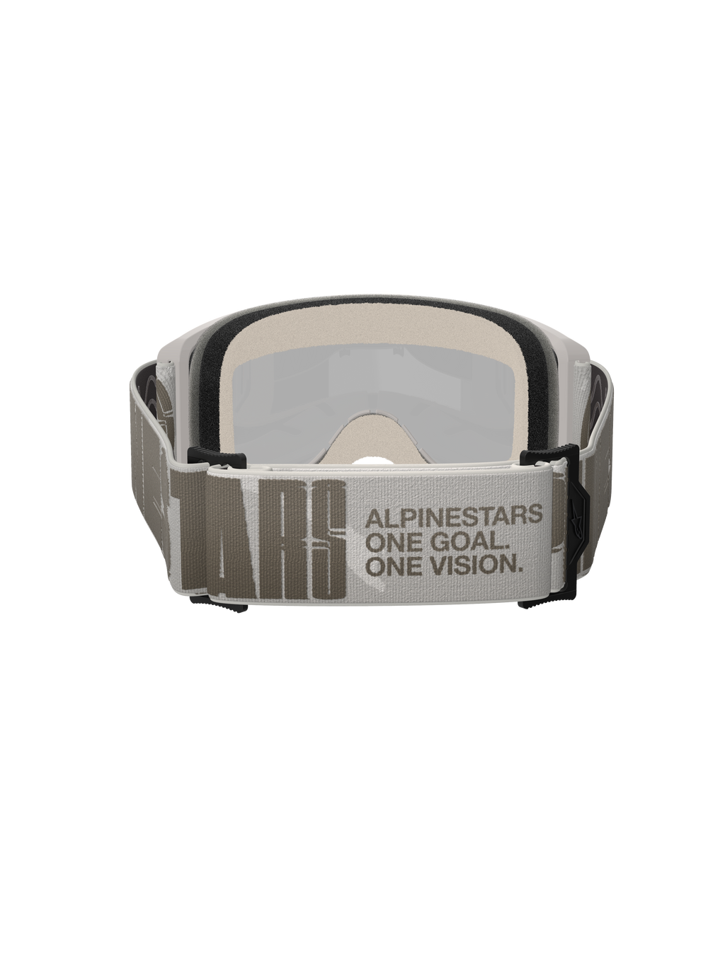 Alpinestars Vision 5 Hollow Goggles, motocross-briller, hvid og lysegrå, set bagfra med en bred vævet rem med 'ALPINESTARS ONE GOAL. ONE VISION.'-branding, tykt flerlags ansigtsskum, højtydende off-road briller