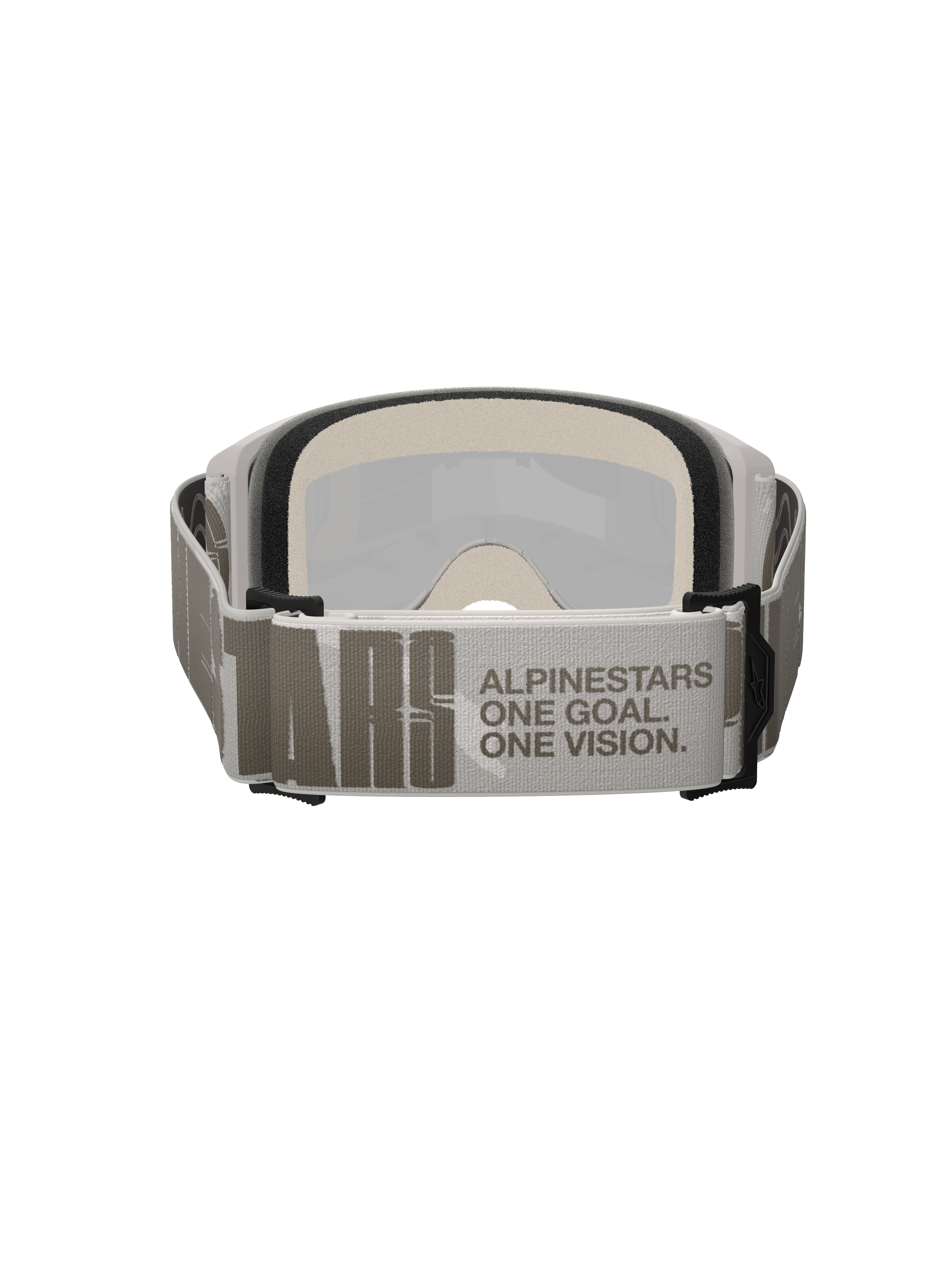 Alpinestars Vision 5 Hollow Goggles, motocross-briller, hvid og lysegrå, set bagfra med en bred vævet rem med 'ALPINESTARS ONE GOAL. ONE VISION.'-branding, tykt flerlags ansigtsskum, højtydende off-road briller