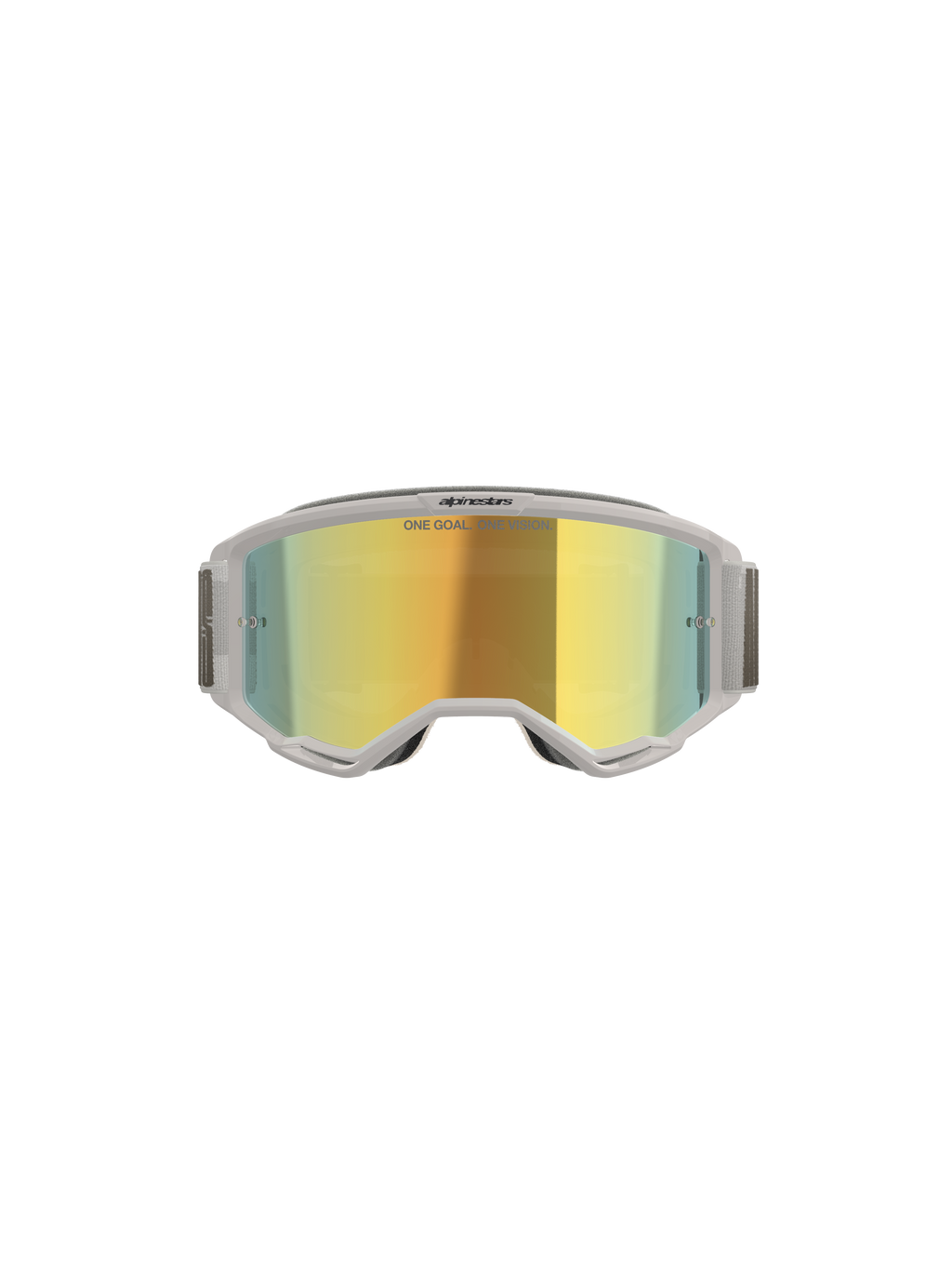 Alpinestars Vision 5 Hollow goggles, motocross-briller, hvid og Wind Mirror Gold, set forfra med spejlet polycarbonat-linse, lysegrå fleksibel ramme og rem, førsteklasses øjenbeskyttelse til motocross og terrænkørsel