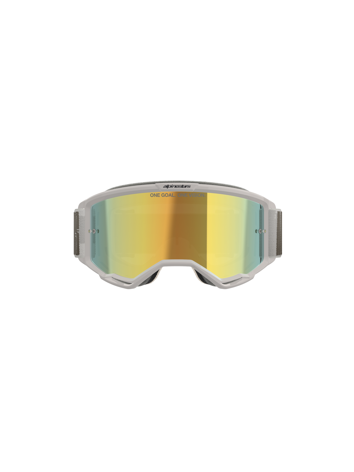 Alpinestars Vision 5 Hollow goggles, motocross-briller, hvid og Wind Mirror Gold, set forfra med spejlet polycarbonat-linse, lysegrå fleksibel ramme og rem, førsteklasses øjenbeskyttelse til motocross og terrænkørsel
