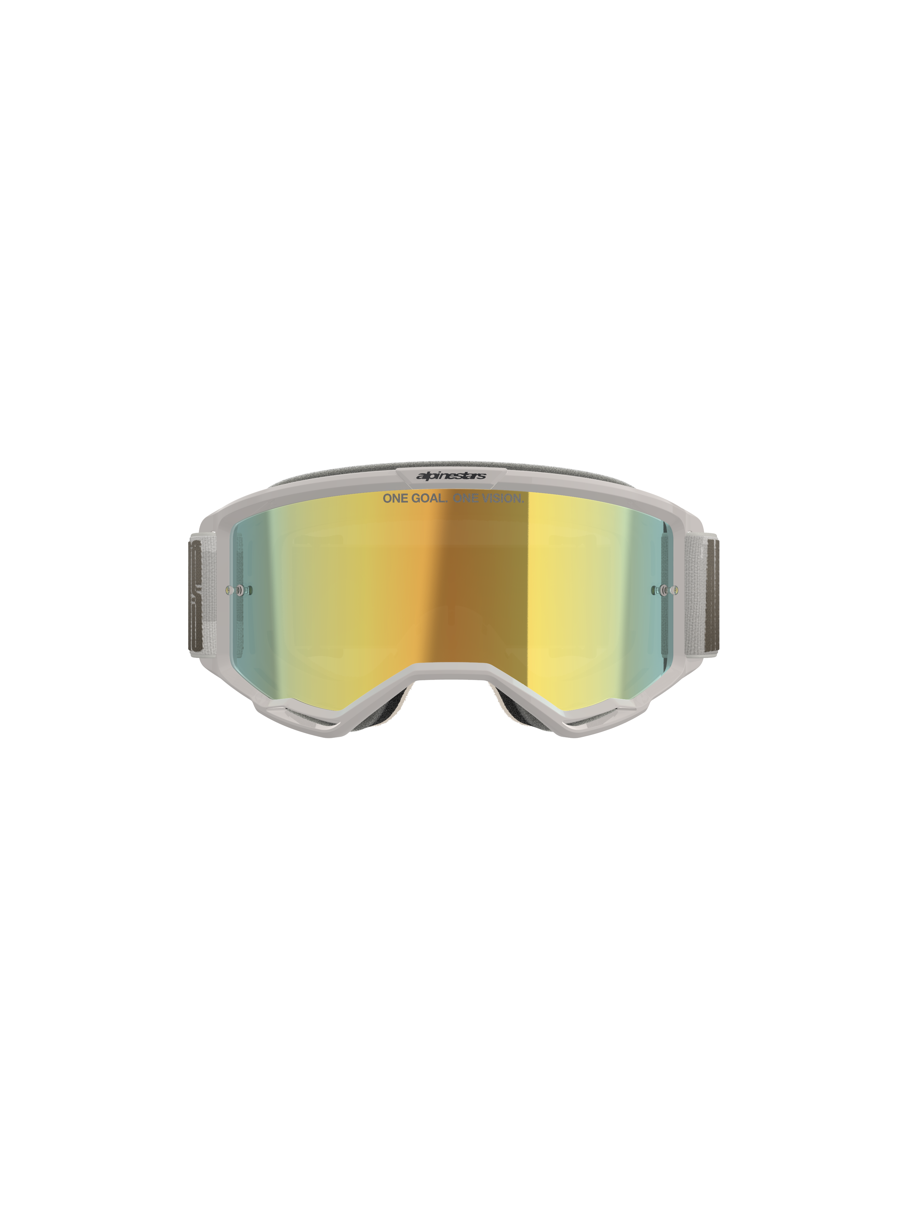 Alpinestars Vision 5 Hollow goggles, motocross-briller, hvid og Wind Mirror Gold, set forfra med spejlet polycarbonat-linse, lysegrå fleksibel ramme og rem, førsteklasses øjenbeskyttelse til motocross og terrænkørsel