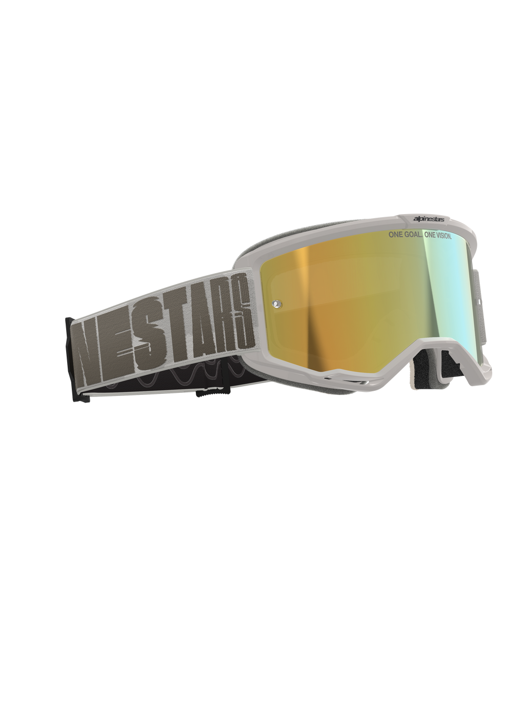 Alpinestars Vision 5 Hollow Goggles, motocross-briller, hvid ramme med Wind Mirror Gold reflekterende linse, grå vævet rem med tydelig Alpinestars-typografi, har "One Goal. One Vision."-tekst på linsen, professionelle briller til terrænkørsel