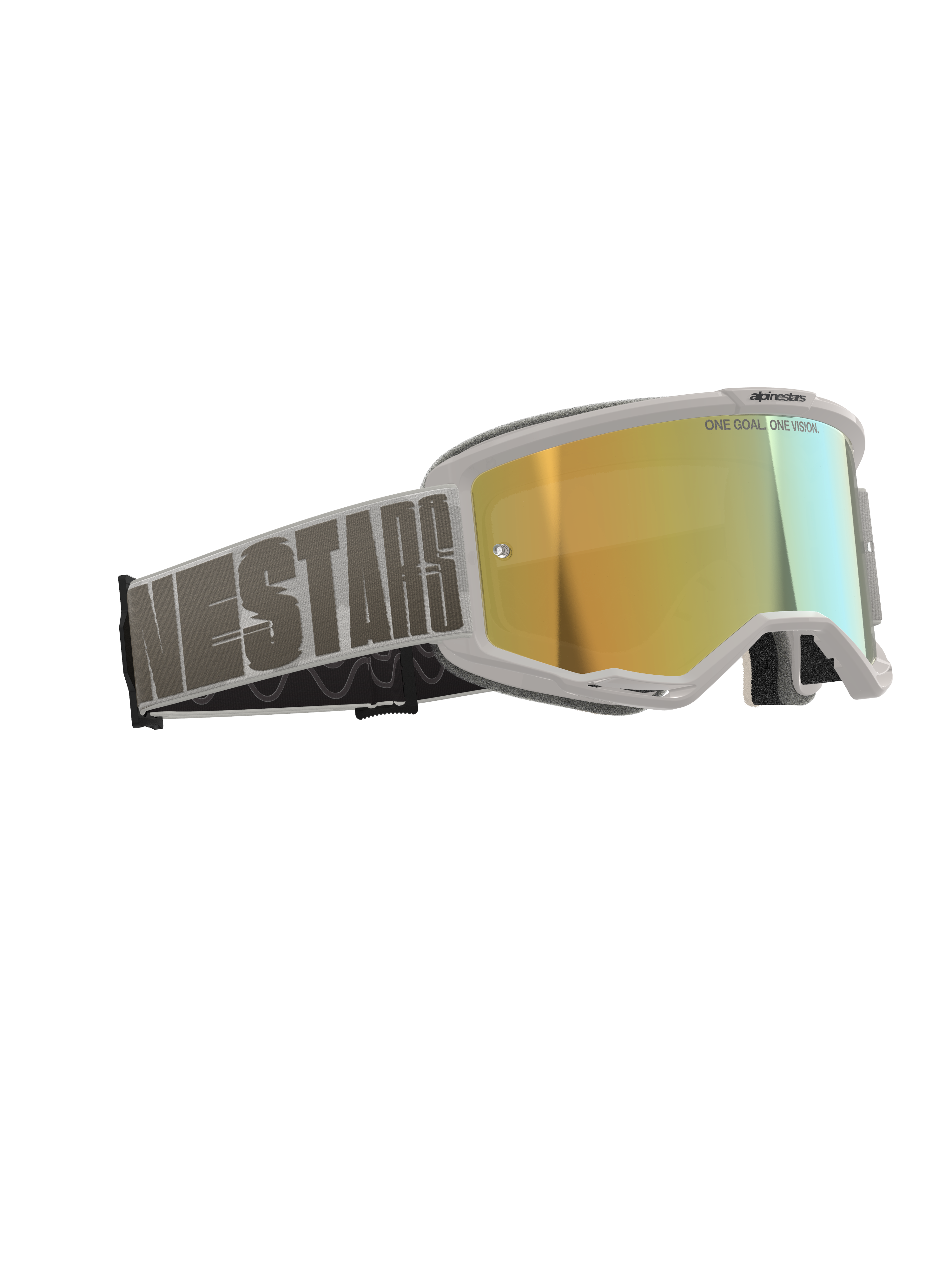 Alpinestars Vision 5 Hollow Goggles, motocross-briller, hvid ramme med Wind Mirror Gold reflekterende linse, grå vævet rem med tydelig Alpinestars-typografi, har "One Goal. One Vision."-tekst på linsen, professionelle briller til terrænkørsel