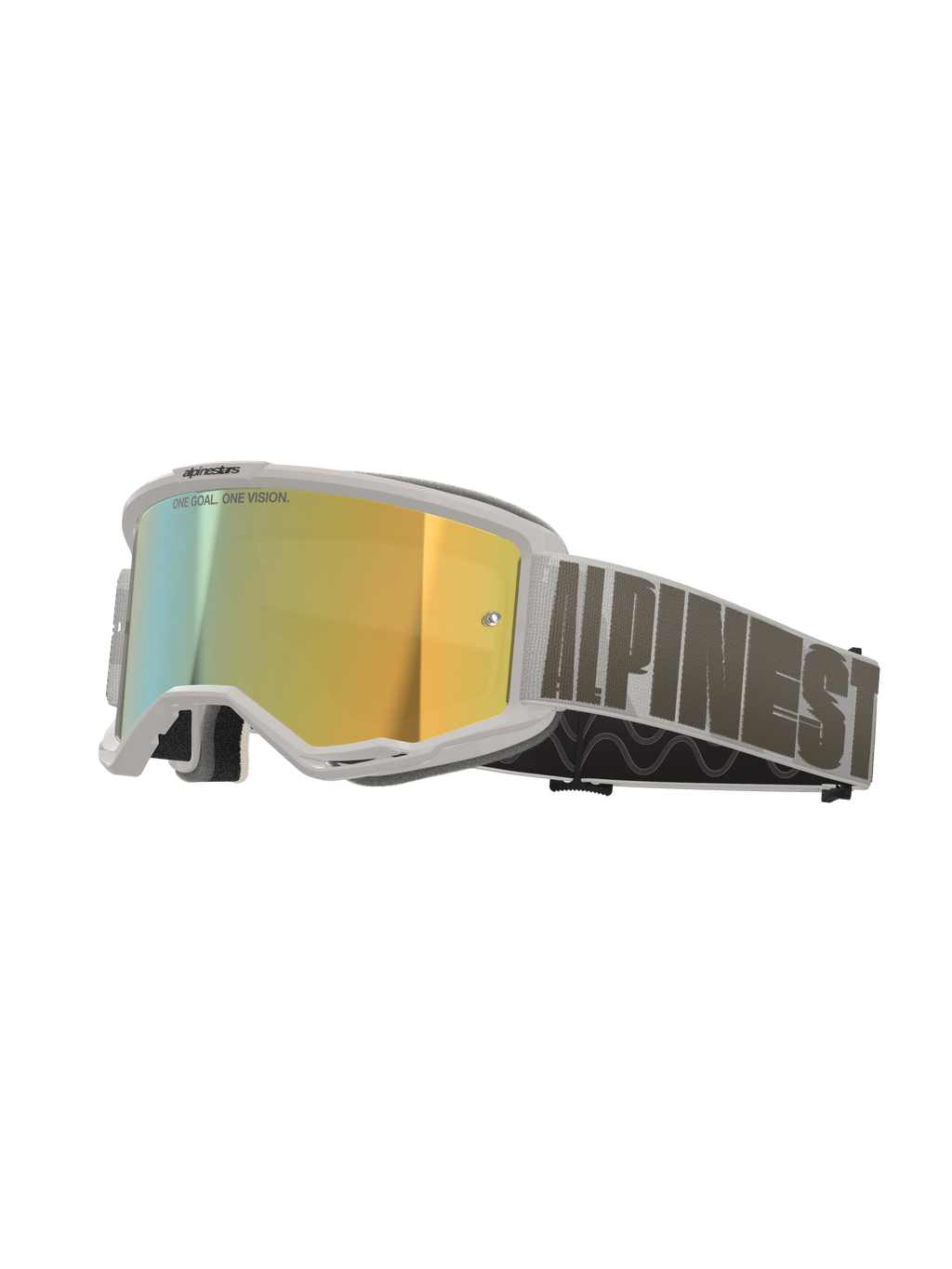 Alpinestars Vision 5 Hollow Goggles, motocross-briller, hvid ramme med Wind Mirror Gold-linse, grå vævet rem med markant Alpinestars-branding, højtydende briller til off-road kørsel
