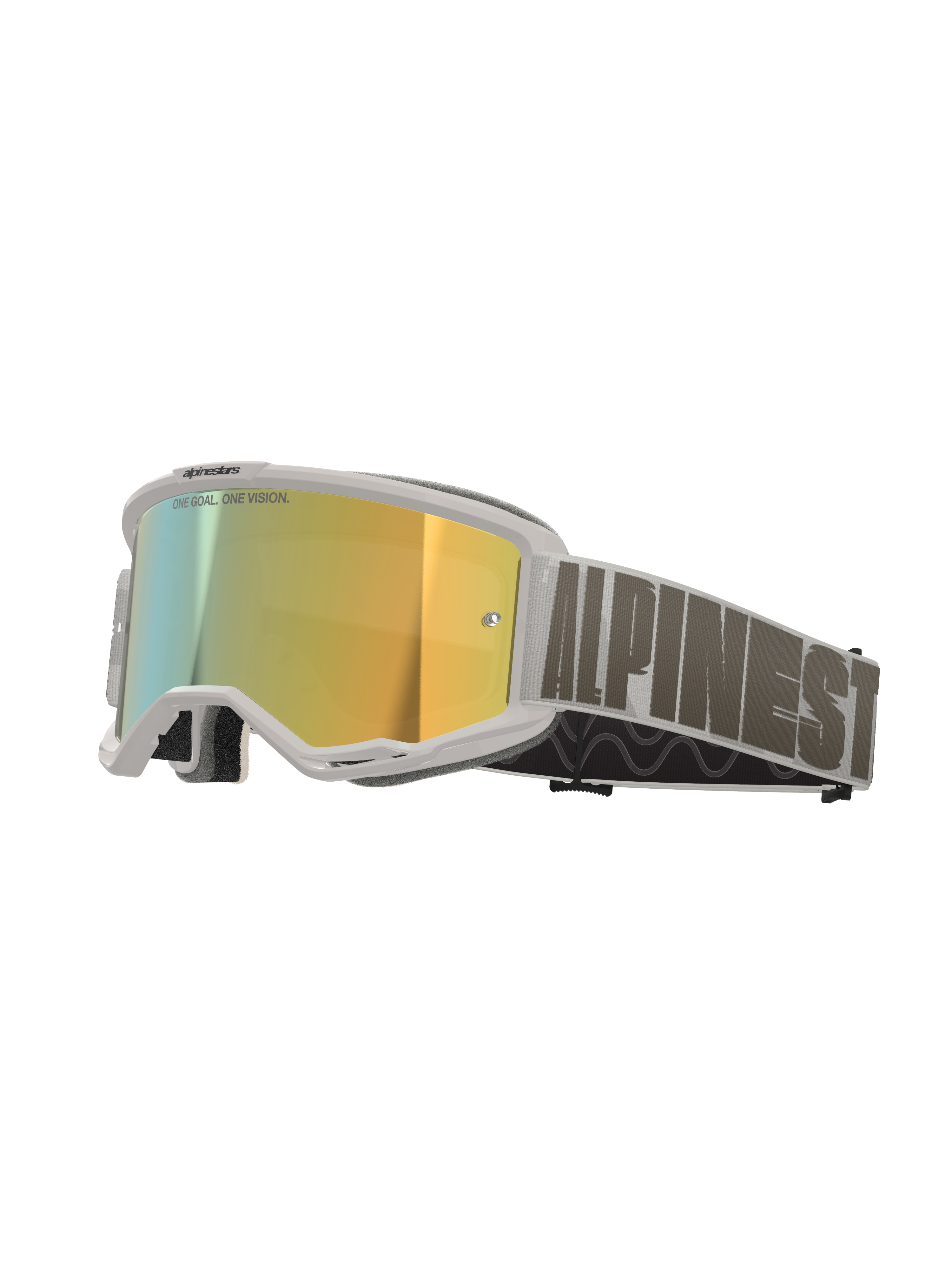 Alpinestars Vision 5 Hollow Goggles, motocross-briller, hvid ramme med Wind Mirror Gold-linse, grå vævet rem med markant Alpinestars-branding, højtydende briller til off-road kørsel
