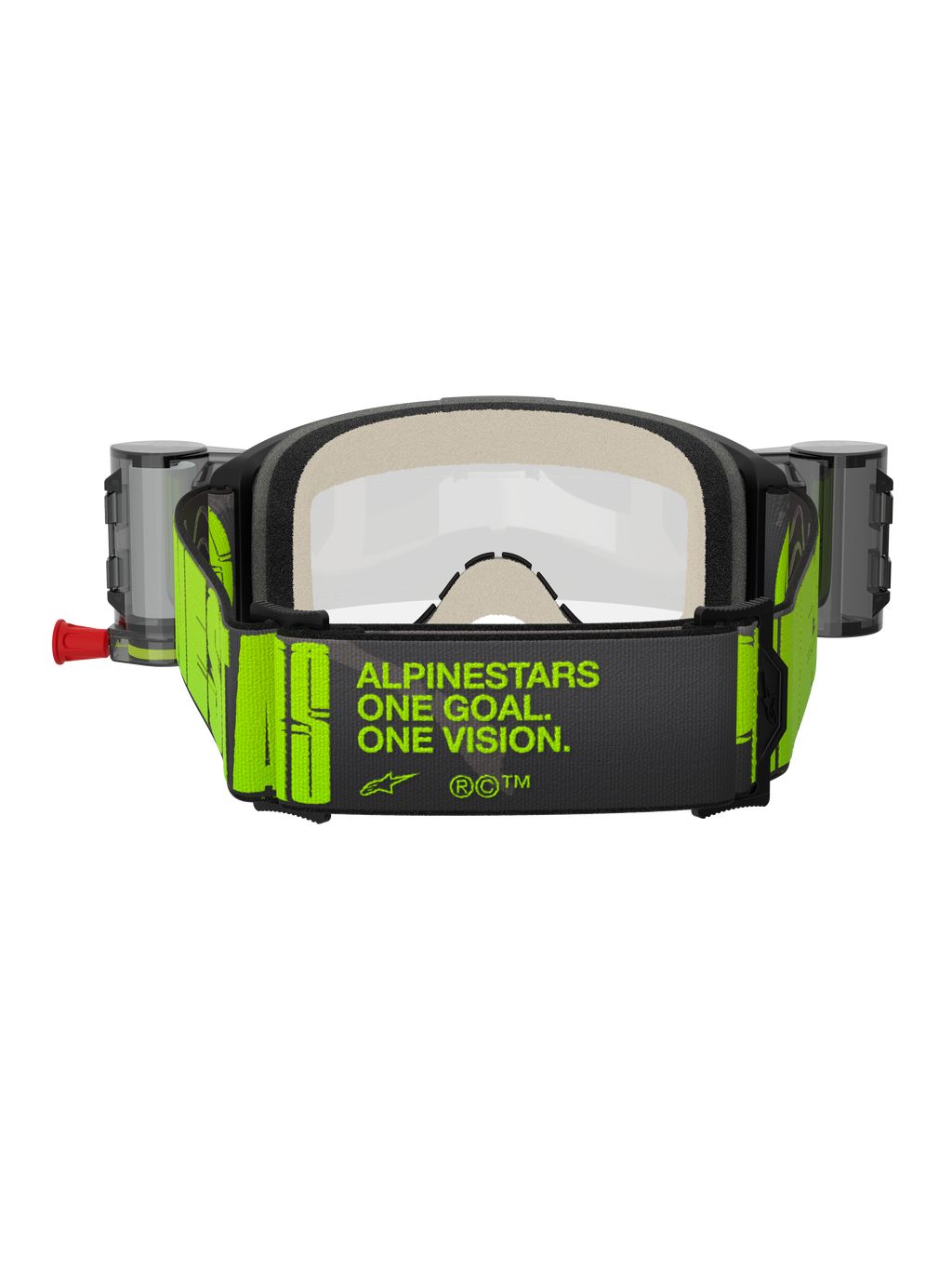Alpinestars Vision 5 Hollow Goggles Roll Off, motocross-briller, charcoal og neongul, set bagfra af bred vævet rem med 'ALPINESTARS ONE GOAL. ONE VISION.' slogan i neongul, tykt flerlags ansigtsskum, roll-off-systembeholdere