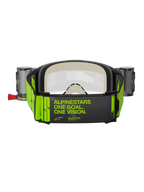 Alpinestars Vision 5 Hollow Goggles Roll Off, motocross-briller, charcoal og neongul, set bagfra af bred vævet rem med 'ALPINESTARS ONE GOAL. ONE VISION.' slogan i neongul, tykt flerlags ansigtsskum, roll-off-systembeholdere