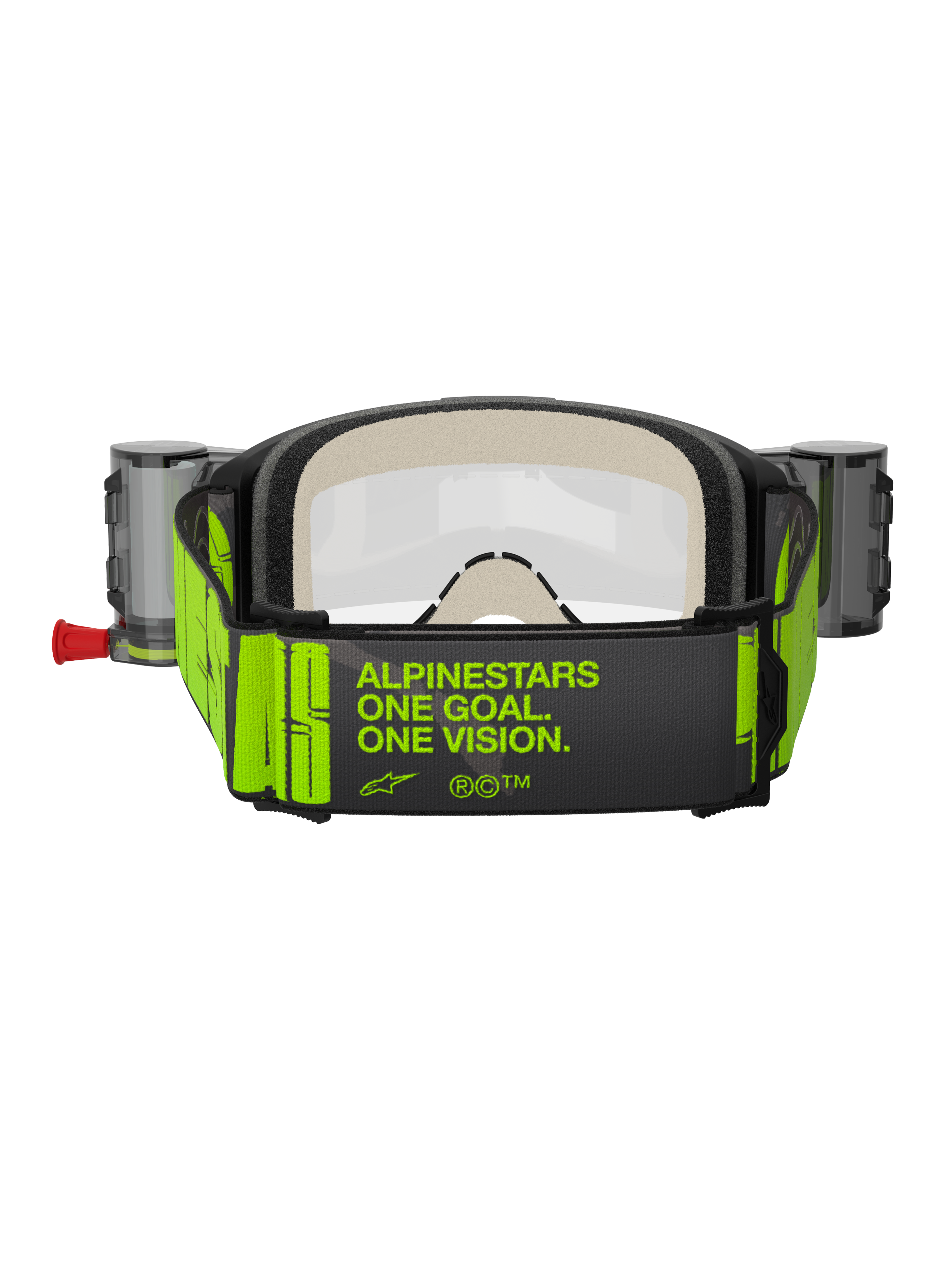 Alpinestars Vision 5 Hollow Goggles Roll Off, motocross-briller, charcoal og neongul, set bagfra af bred vævet rem med 'ALPINESTARS ONE GOAL. ONE VISION.' slogan i neongul, tykt flerlags ansigtsskum, roll-off-systembeholdere