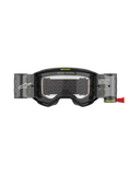 Alpinestars Vision 5 Hollow Goggles Roll Off, motocross-briller, charcoal og fluo-gul, med et klart roll-off linsesystem med halvgennemsigtige beholdere, rød trækstrop, hvid branding og "ONE GOAL. ONE VISION."-tekst, designet til off-road racing.