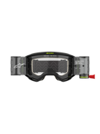 Alpinestars Vision 5 Hollow Goggles Roll Off, motocross-briller, charcoal og fluo-gul, med et klart roll-off linsesystem med halvgennemsigtige beholdere, rød trækstrop, hvid branding og "ONE GOAL. ONE VISION."-tekst, designet til off-road racing.