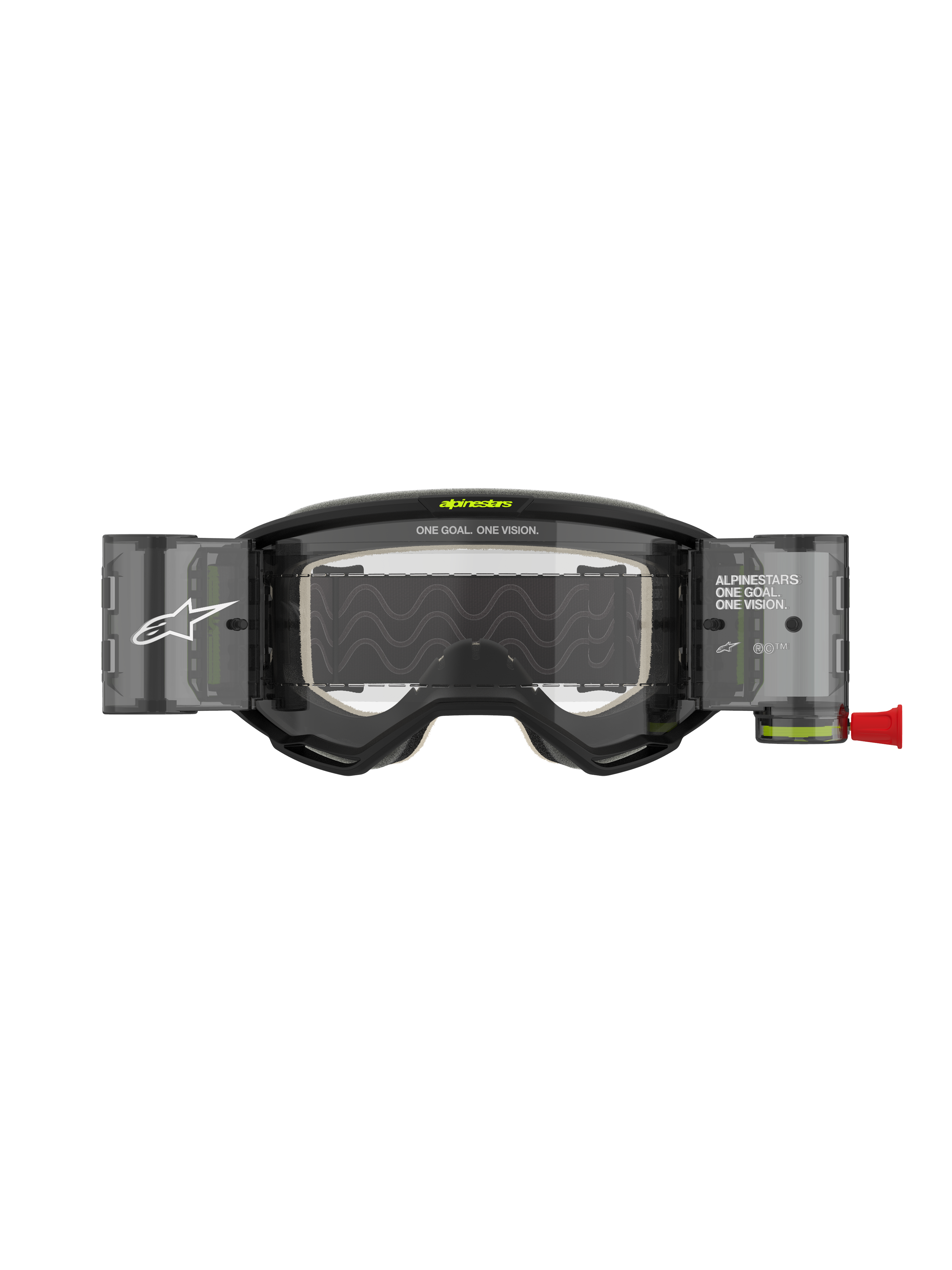Alpinestars Vision 5 Hollow Goggles Roll Off, motocross-briller, charcoal og fluo-gul, med et klart roll-off linsesystem med halvgennemsigtige beholdere, rød trækstrop, hvid branding og "ONE GOAL. ONE VISION."-tekst, designet til off-road racing.