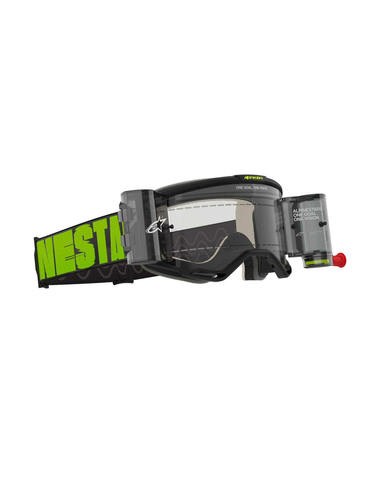 Alpinestars Vision 5 Hollow Goggles Roll Off, Motocross Goggles, Charcoal and Fluo Yellow, clear lens with integrated roll-off canisters, wide woven strap with bold neon green branding, A-FLEX frame and multi-layer face foam for off-road performance.