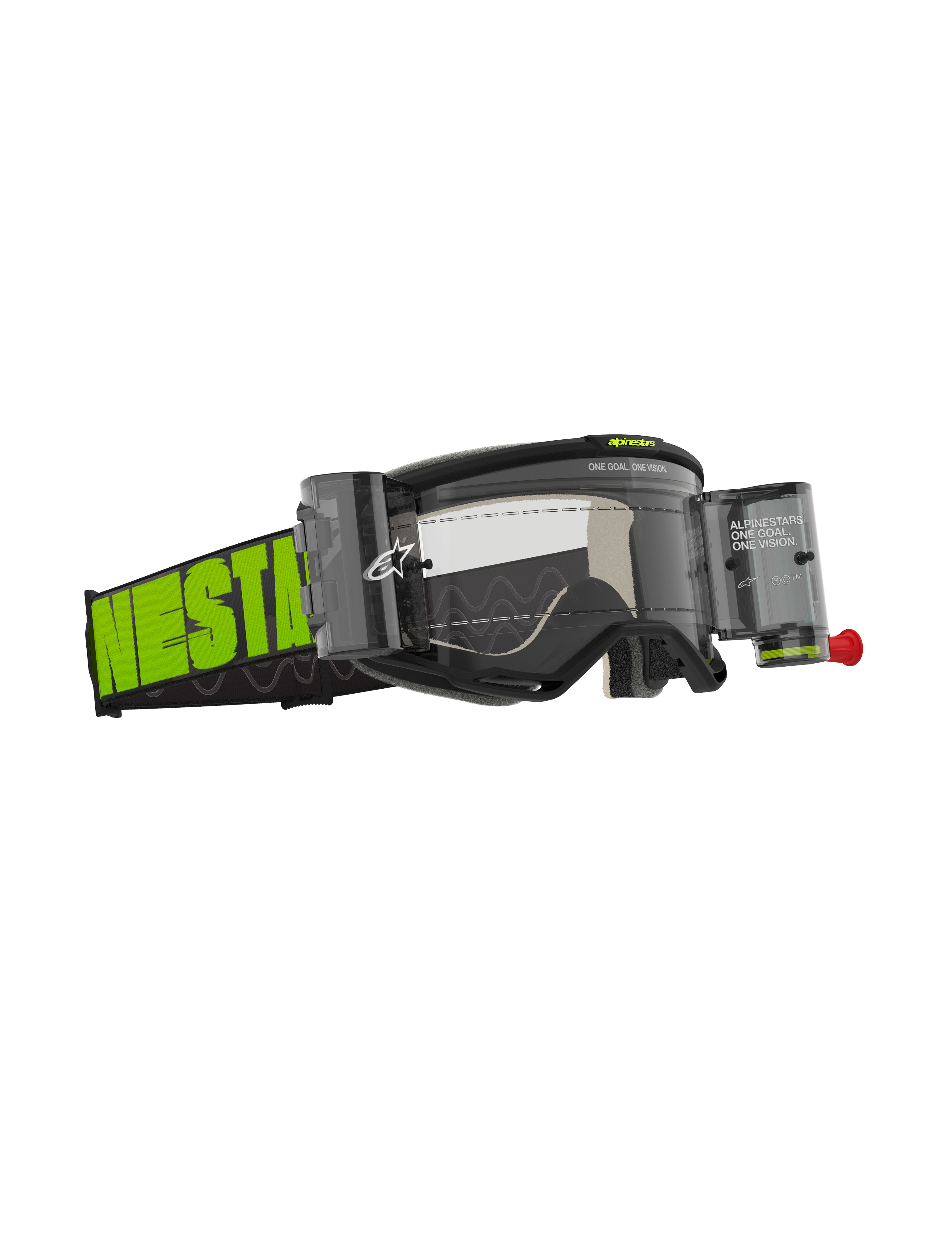 Alpinestars Vision 5 Hollow Goggles Roll Off, motocross-briller, koksgrå og neongul, klar linse med integrerede roll-off-beholdere, bred vævet rem med markant neongrøn branding, A-FLEX-ramme og flerlags ansigtsskum til off-road-performance