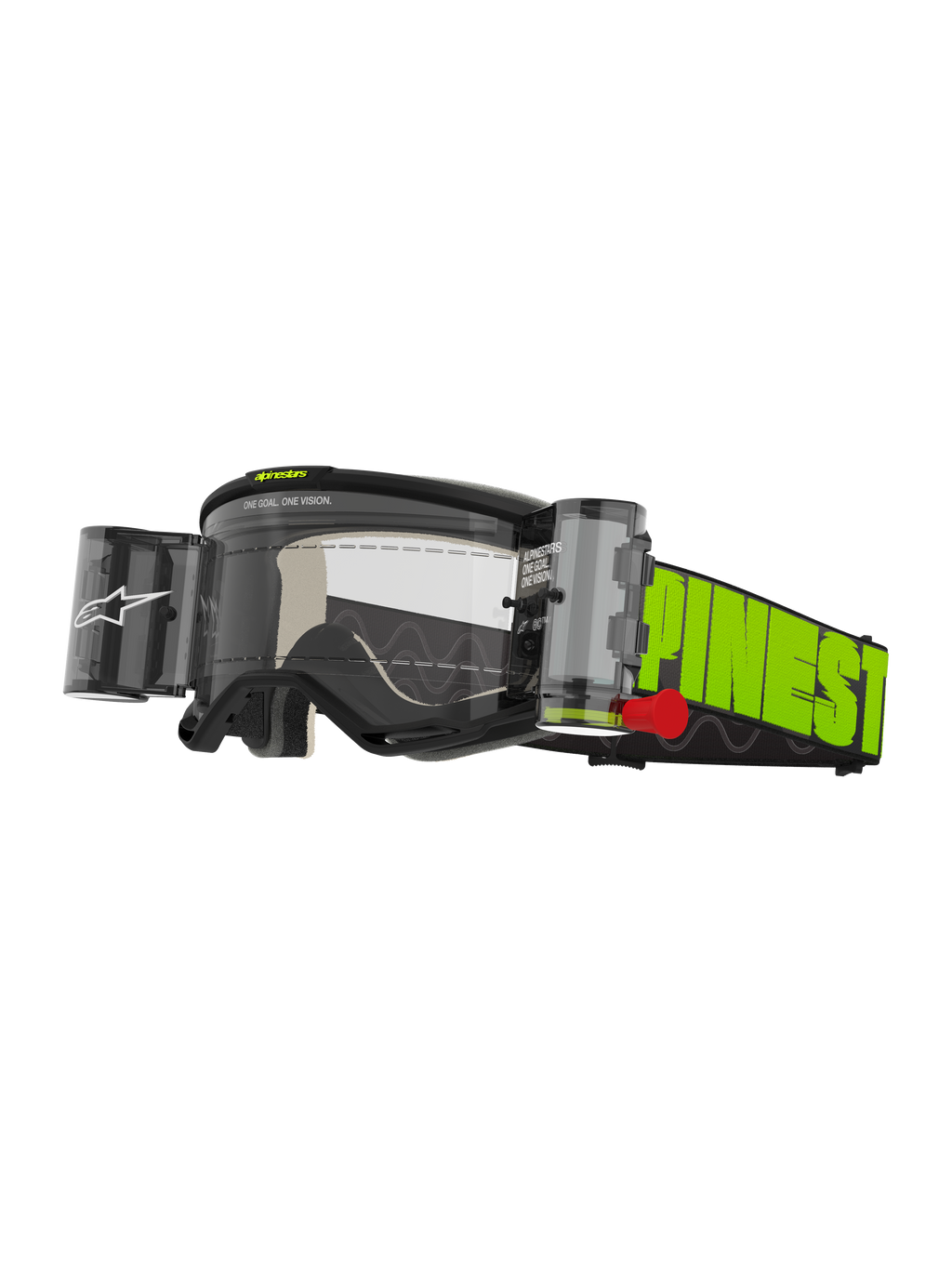 Alpinestars Vision 5 Hollow Goggles Roll Off, motocross-briller, koksgrå og neongul, klar antidug-linse med integreret WIDE-VISION roll-off-system, iøjnefaldende neongul rem med sort branding, holdbart beskyttelsesudstyr til terrænkørsel