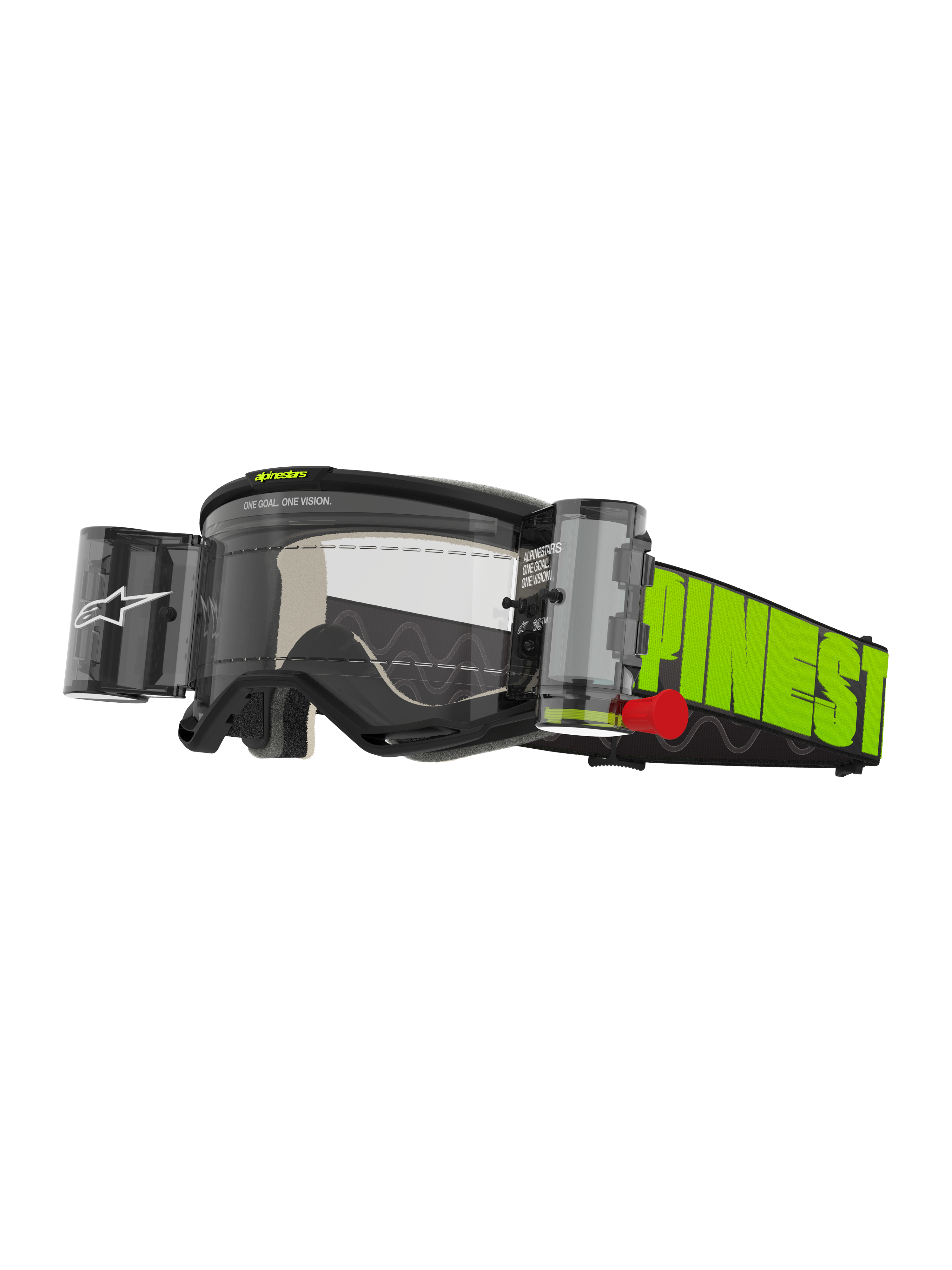 Alpinestars Vision 5 Hollow Goggles Roll Off, motocross-briller, koksgrå og neongul, klar antidug-linse med integreret WIDE-VISION roll-off-system, iøjnefaldende neongul rem med sort branding, holdbart beskyttelsesudstyr til terrænkørsel