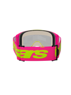 Alpinestars Vision 5 Wordmark Goggles, motocross-briller, pink og fluorgul, set bagfra med fokus på den brede pink vævede rem med gult Alpinestars-navnetræk, multi-lags ansigtsskum og let urethan-ramme.