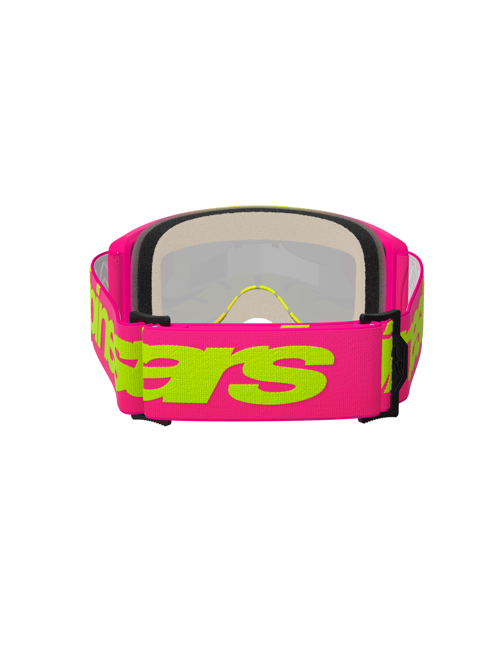 Alpinestars Vision 5 Wordmark Goggles, motocross-briller, pink og fluorgul, set bagfra med fokus på den brede pink vævede rem med gult Alpinestars-navnetræk, multi-lags ansigtsskum og let urethan-ramme.