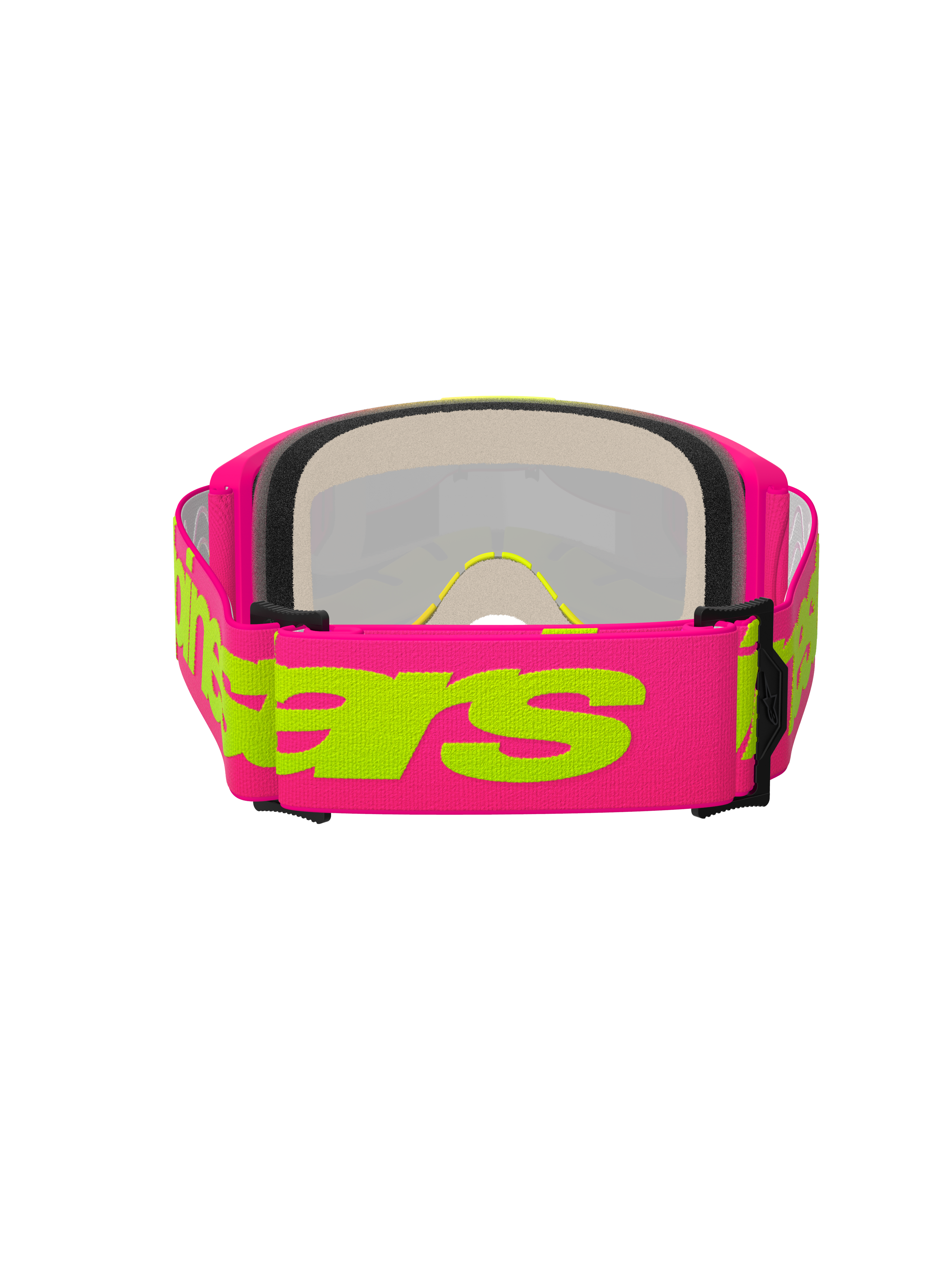 Alpinestars Vision 5 Wordmark Goggles, motocross-briller, pink og fluorgul, set bagfra med fokus på den brede pink vævede rem med gult Alpinestars-navnetræk, multi-lags ansigtsskum og let urethan-ramme.