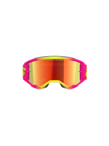 Alpinestars Vision 5 Wordmark Goggles, motocross-briller, pink og fluorescerende gul ramme med rød spejllinse, med markant branding og "One Goal. One Vision."-tekst på linsen, højtydende off-road briller