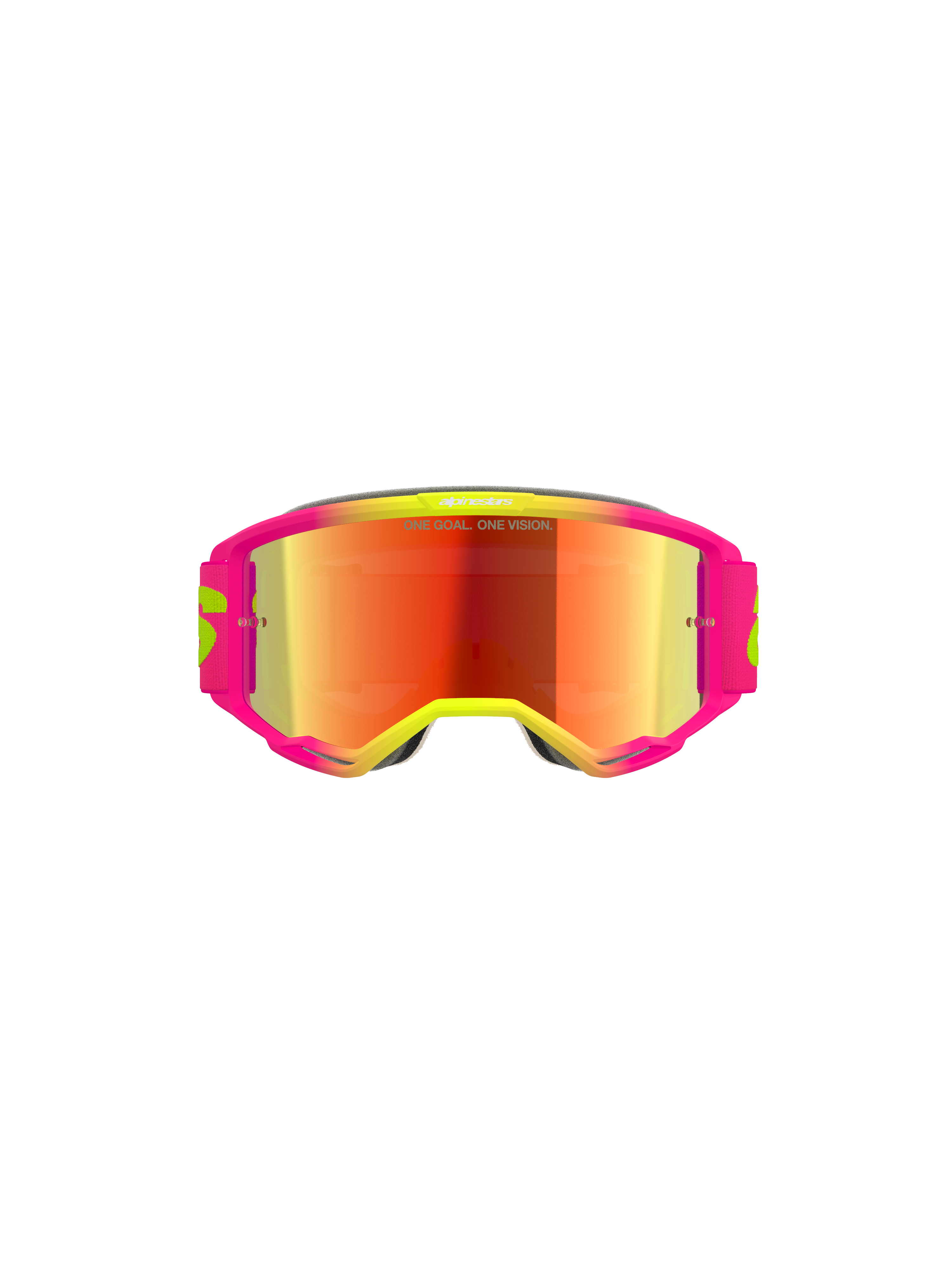 Alpinestars Vision 5 Wordmark Goggles, motocross-briller, pink og fluorescerende gul ramme med rød spejllinse, med markant branding og "One Goal. One Vision."-tekst på linsen, højtydende off-road briller