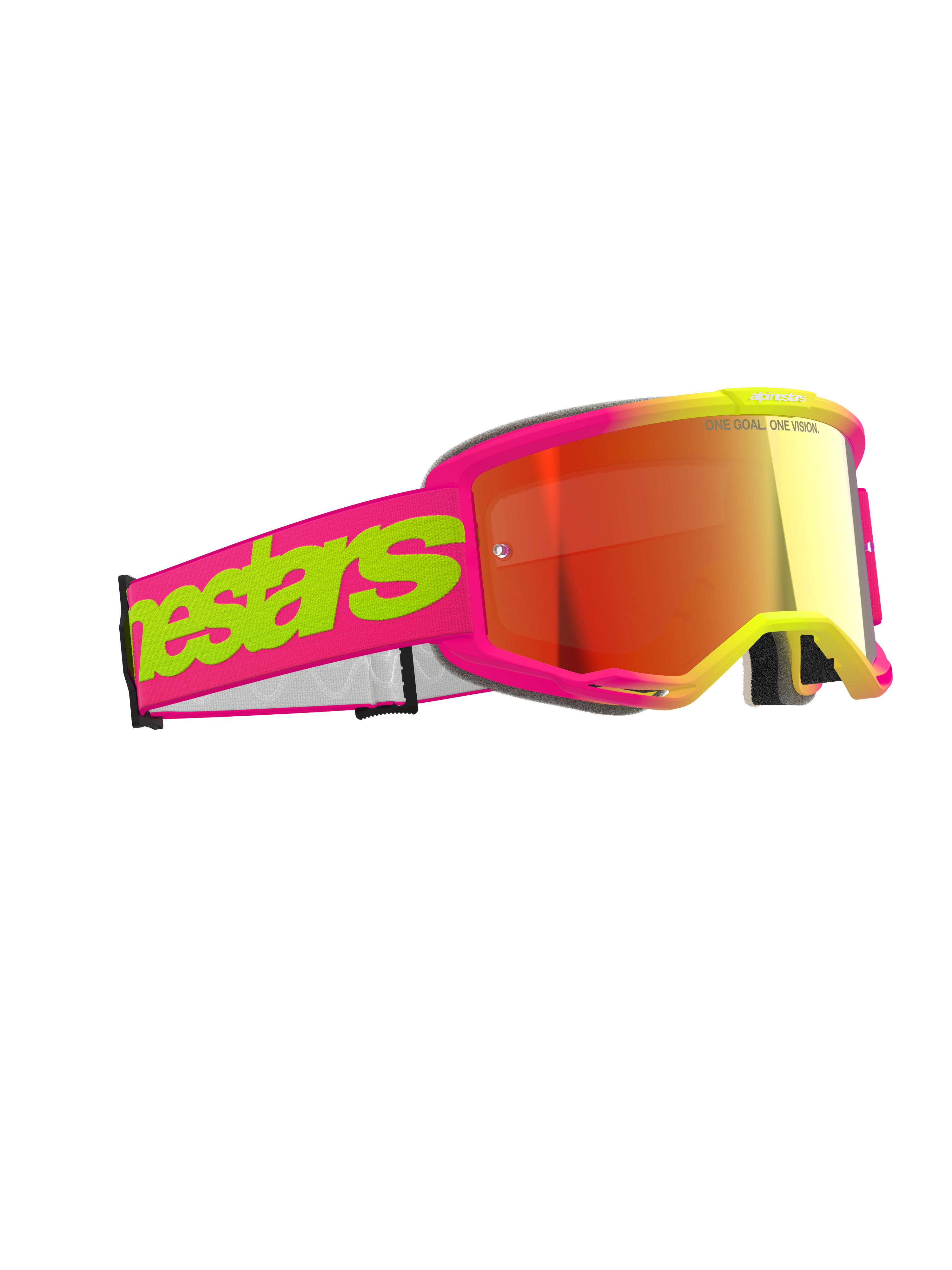 Alpinestars Vision 5 Wordmark Goggles, motocross-briller, pink og fluorescerende gul med rød spejllinse, markant tekstlogo på remmen, fleksibel ramme, højtydende øjenbeskyttelse til off-road kørsel