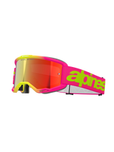 Alpinestars Vision 5 Wordmark Goggles, motocross-briller, pink fluo og gul, rød spejllinse, bred pink rem med markant limegrøn tekstgrafik, sporty design til off-road racing