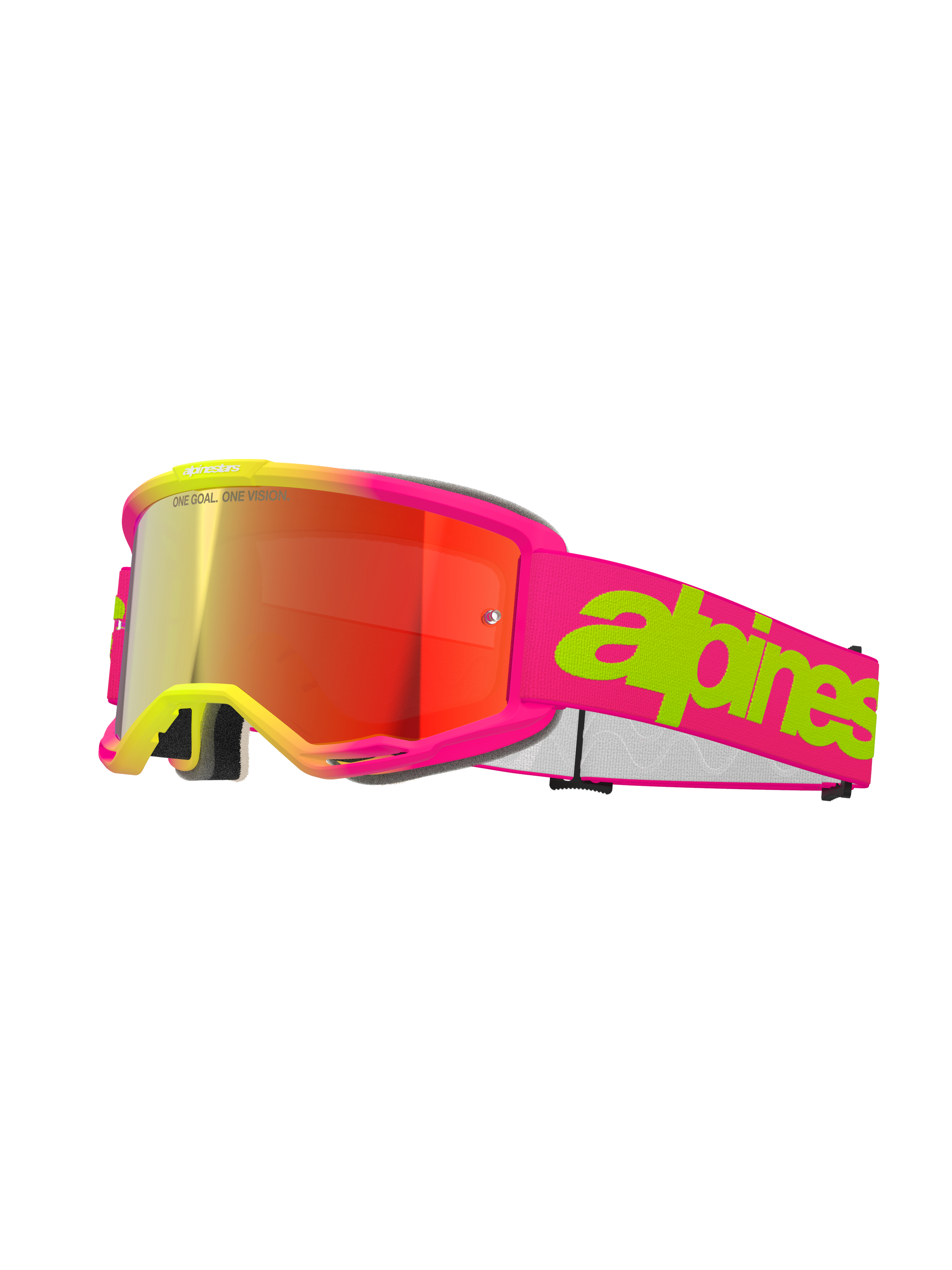 Alpinestars Vision 5 Wordmark Goggles, motocross-briller, pink fluo og gul, rød spejllinse, bred pink rem med markant limegrøn tekstgrafik, sporty design til off-road racing