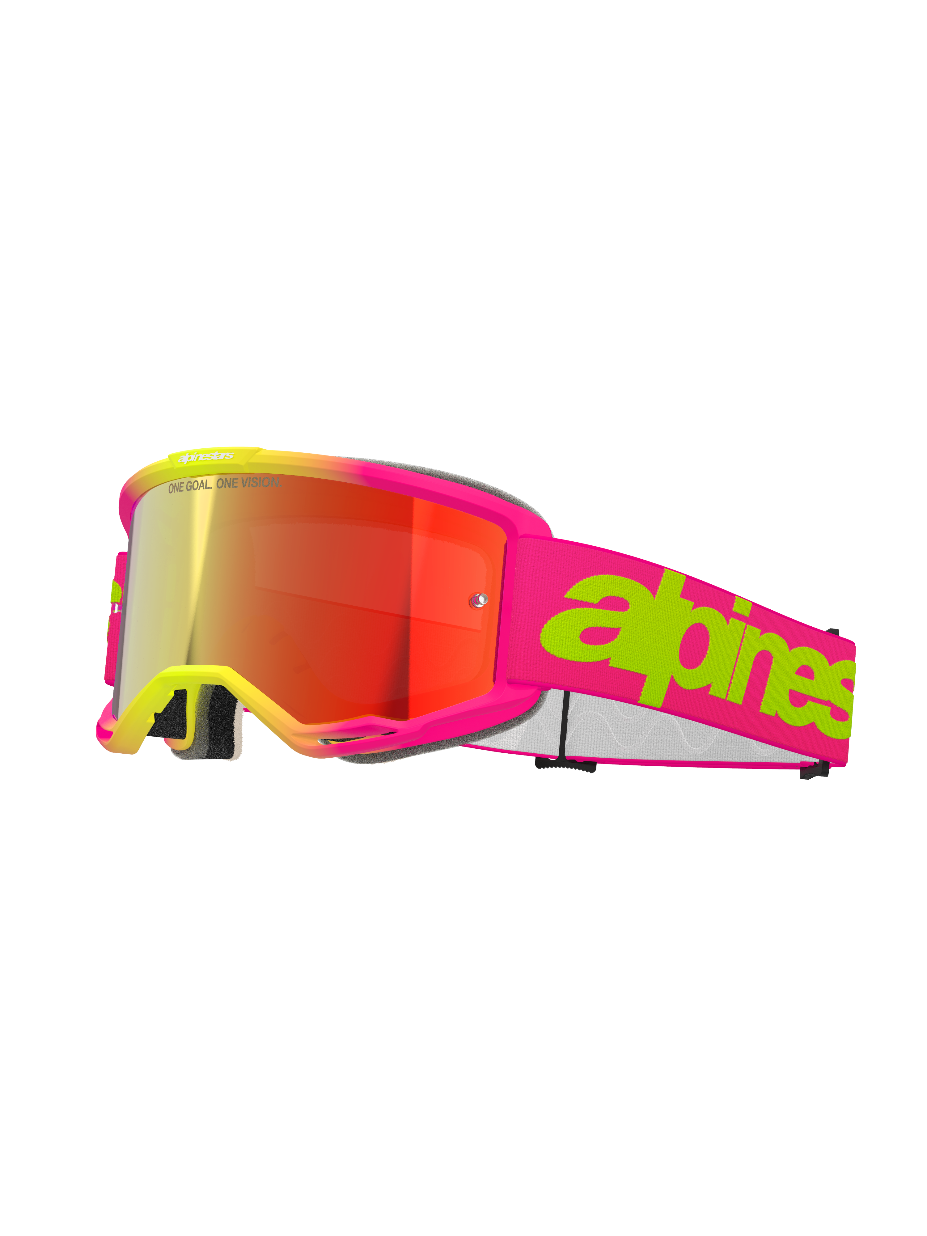 Alpinestars Vision 5 Wordmark Goggles, motocross-briller, pink fluo og gul, rød spejllinse, bred pink rem med markant limegrøn tekstgrafik, sporty design til off-road racing