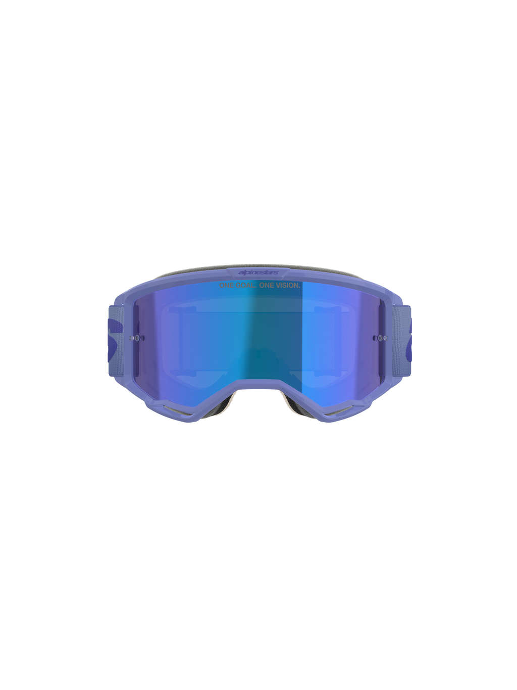 Alpinestars Vision 5 Wordmark goggles, motocross-briller, lilla med blå spejllinse, set forfra med et bredt synsfelt, justerbar rem og markant branding