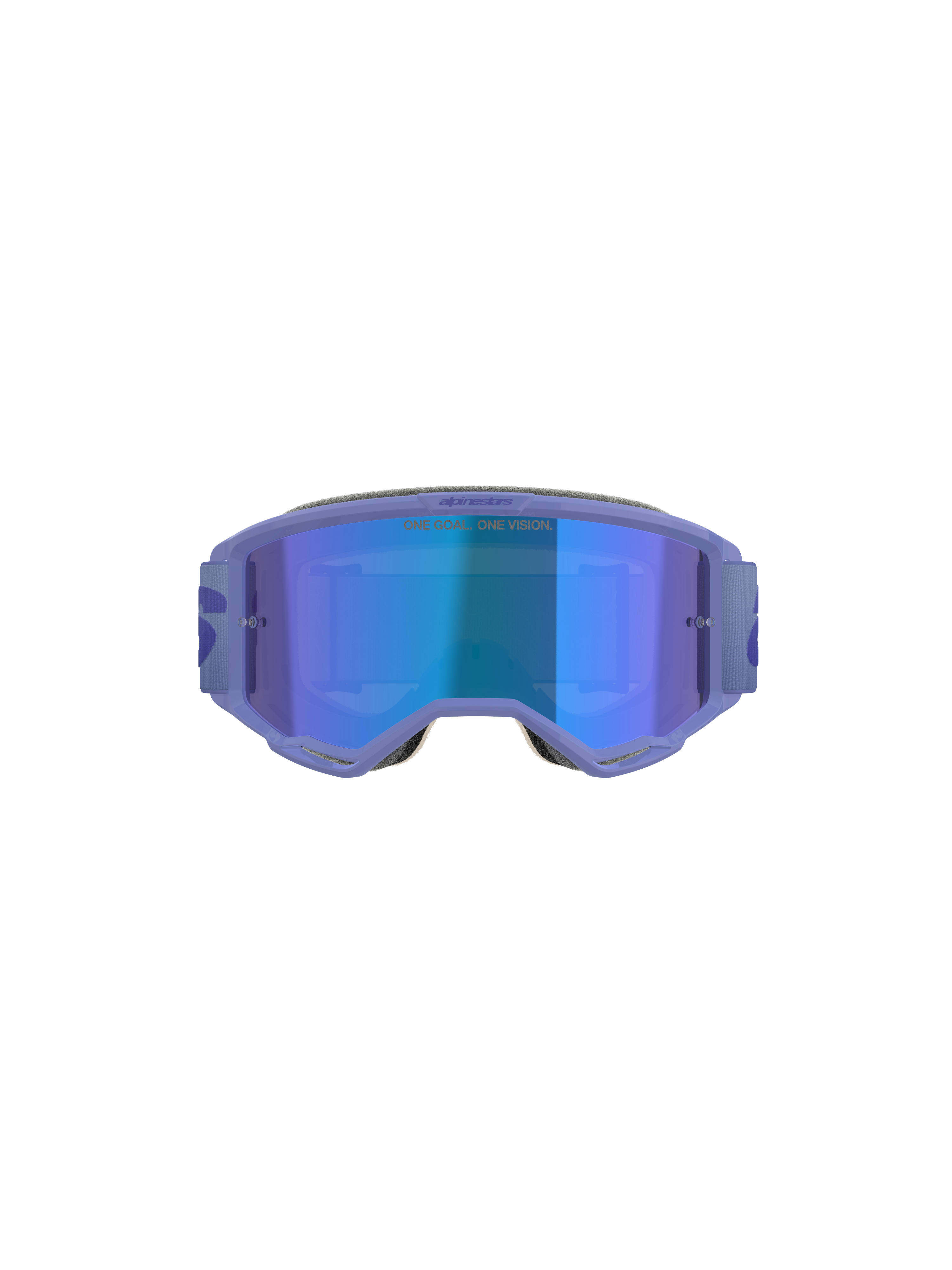 Alpinestars Vision 5 Wordmark goggles, motocross-briller, lilla med blå spejllinse, set forfra med et bredt synsfelt, justerbar rem og markant branding