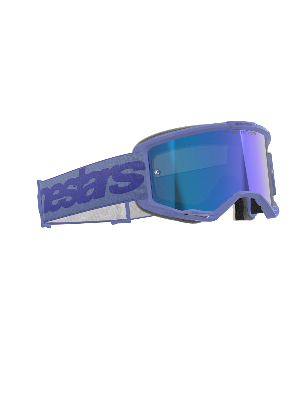 Alpinestars Vision 5 Wordmark Goggles, motocross-briller, lilla med blåt spejlglas, med lilla ramme og reflekterende blå linse, bred lilla rem med Alpinestars-branding, ergonomisk design til off-road racing