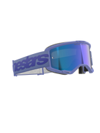 Alpinestars Vision 5 Wordmark Goggles, motocross-briller, lilla med blåt spejlglas, med lilla ramme og reflekterende blå linse, bred lilla rem med Alpinestars-branding, ergonomisk design til off-road racing