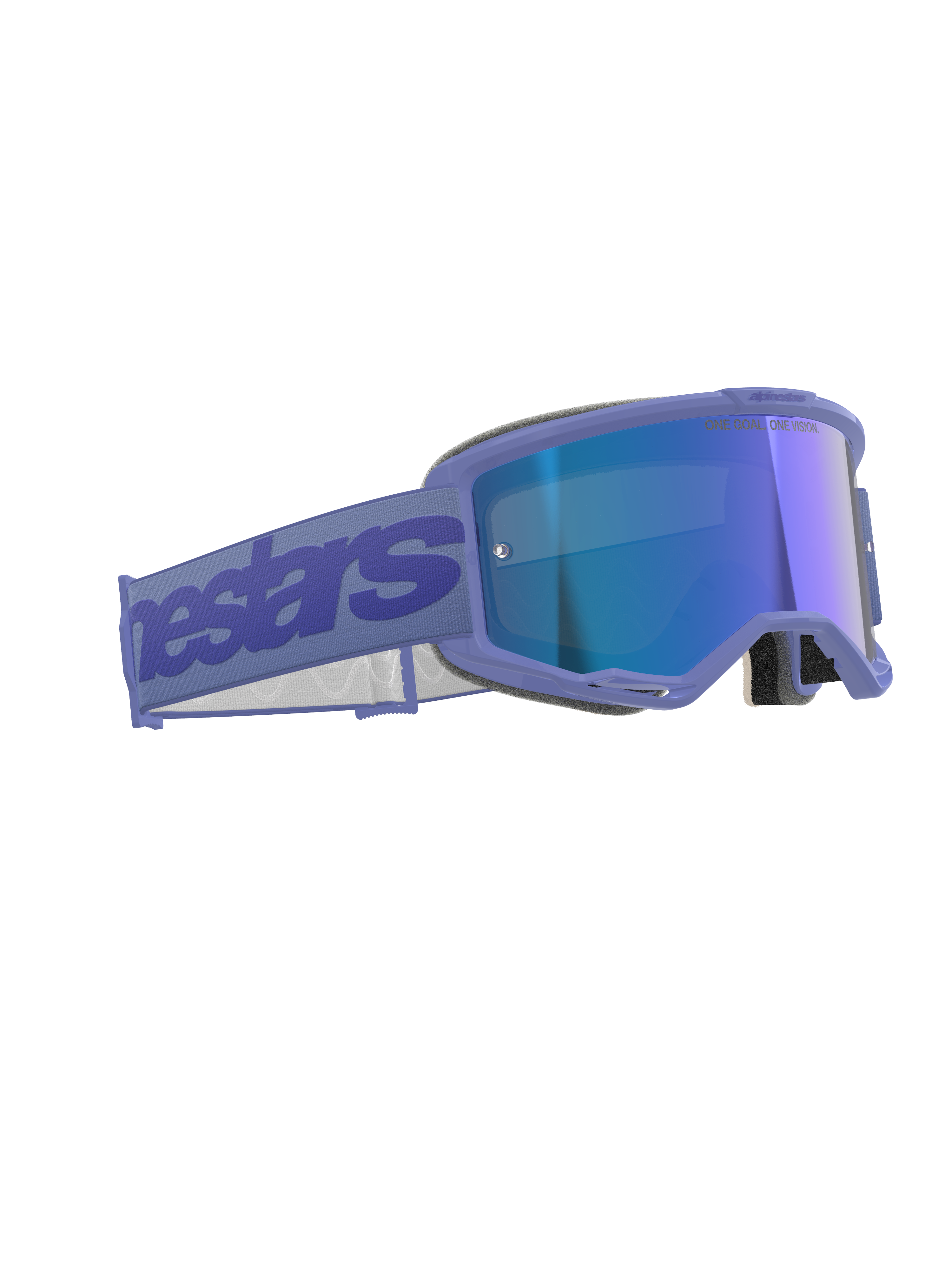 Alpinestars Vision 5 Wordmark Goggles, motocross-briller, lilla med blåt spejlglas, med lilla ramme og reflekterende blå linse, bred lilla rem med Alpinestars-branding, ergonomisk design til off-road racing