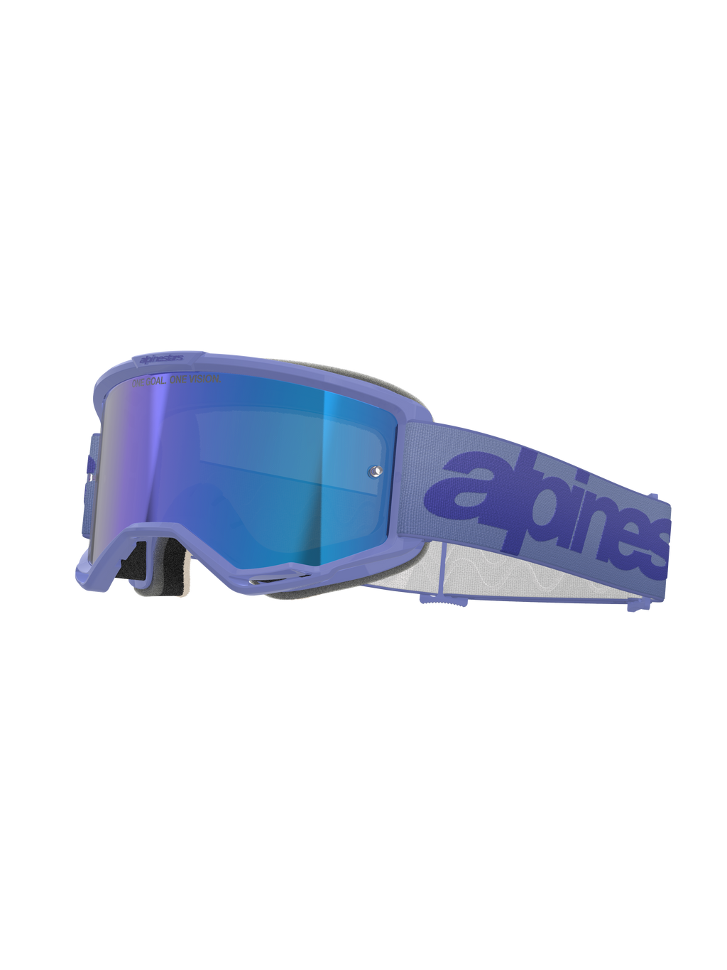 Alpinestars Vision 5 Wordmark Goggles, motocross-briller, Purple Mirror Blue, med lilla ramme og blåt spejlglas, bred lilla vævet rem med mørkeblåt wordmark, professionel øjenbeskyttelse til off-road