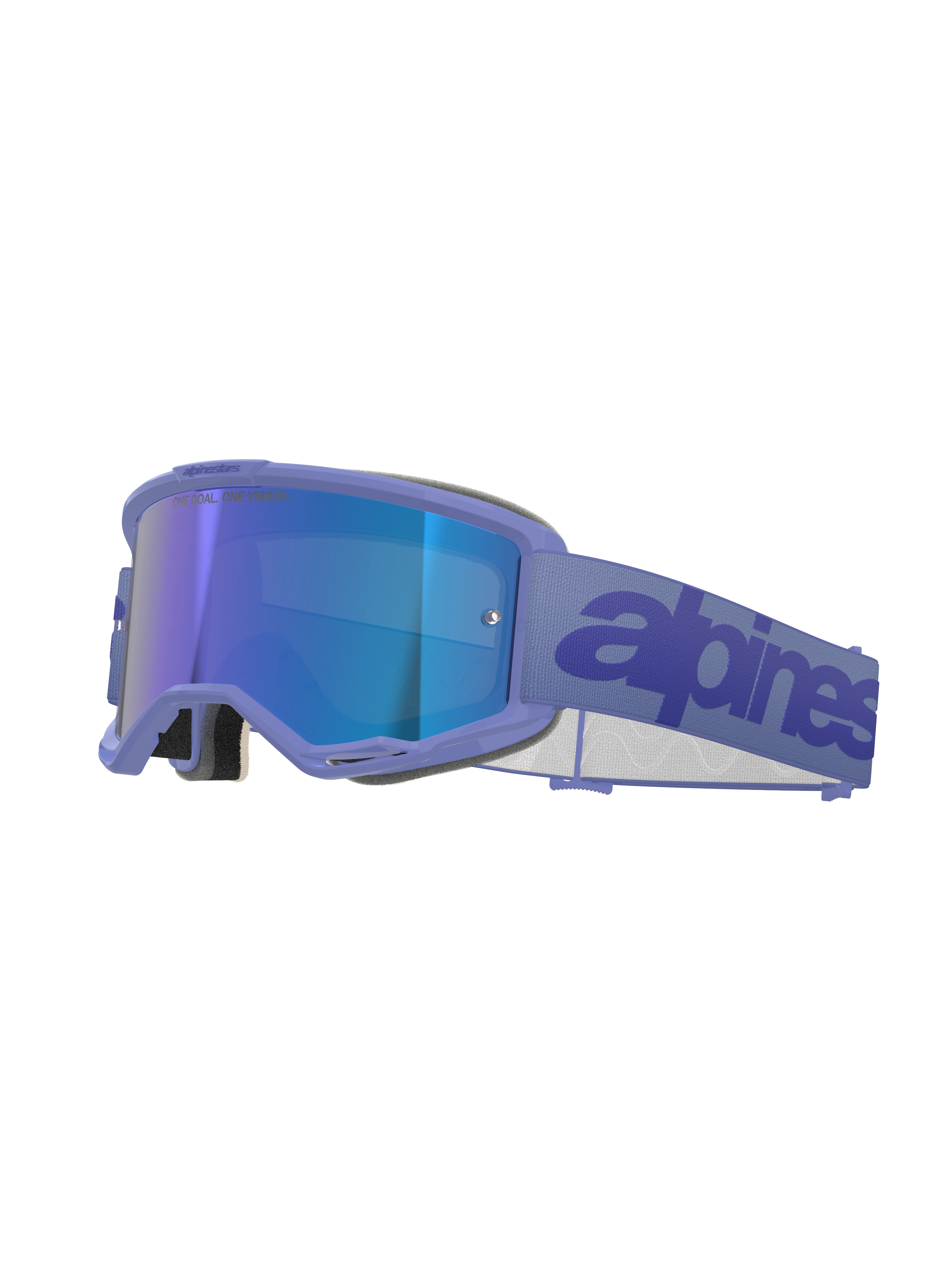 Alpinestars Vision 5 Wordmark Goggles, motocross-briller, Purple Mirror Blue, med lilla ramme og blåt spejlglas, bred lilla vævet rem med mørkeblåt wordmark, professionel øjenbeskyttelse til off-road
