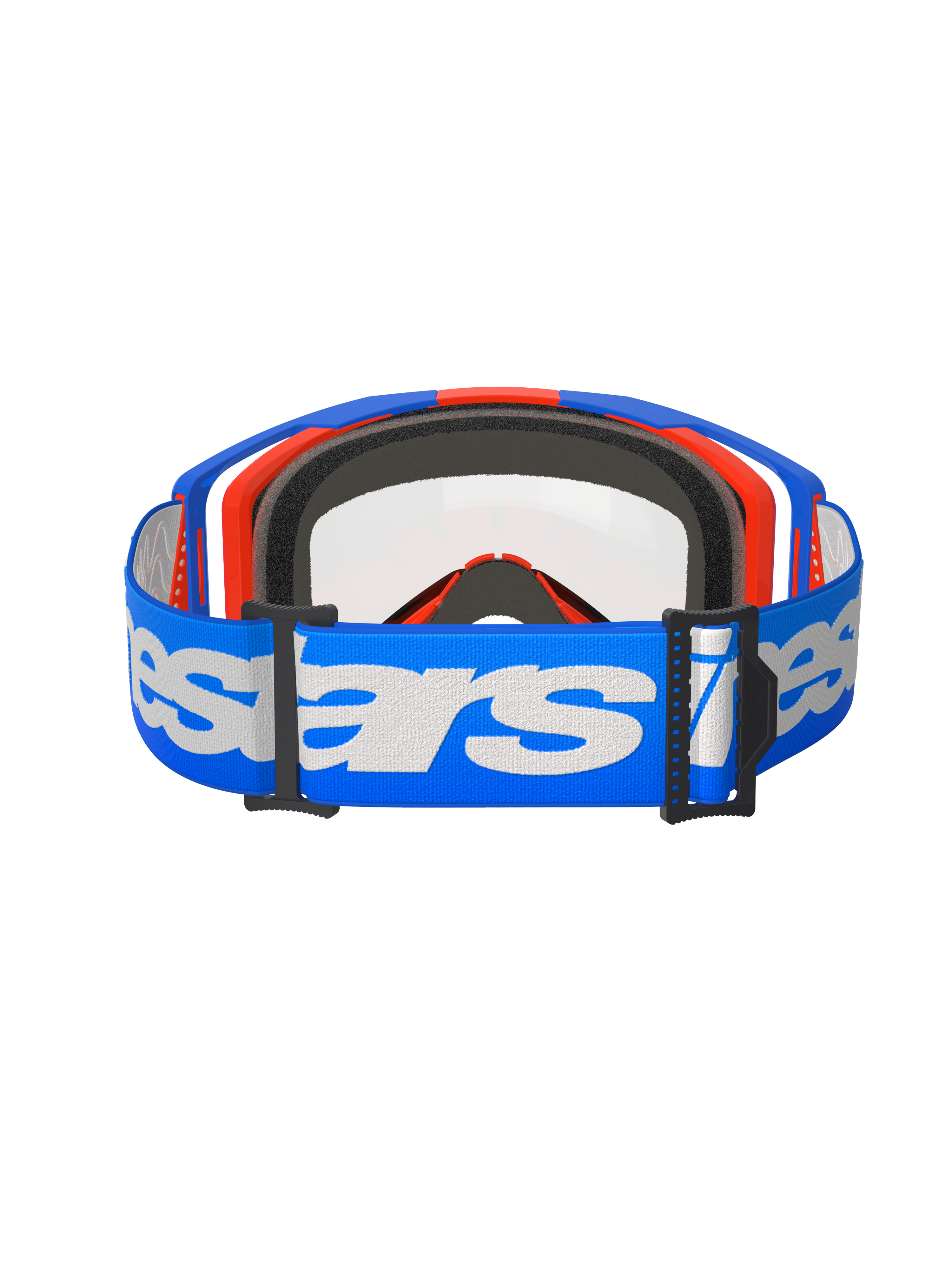 Alpinestars Vision 8 Wordmark Goggles Dual Pane, motocross-briller, blå, orange og klar, set bagfra med en bred blå rem med hvidt Alpinestars-logo, sort flerlags-ansigtsskum og klar dobbeltlagslinse