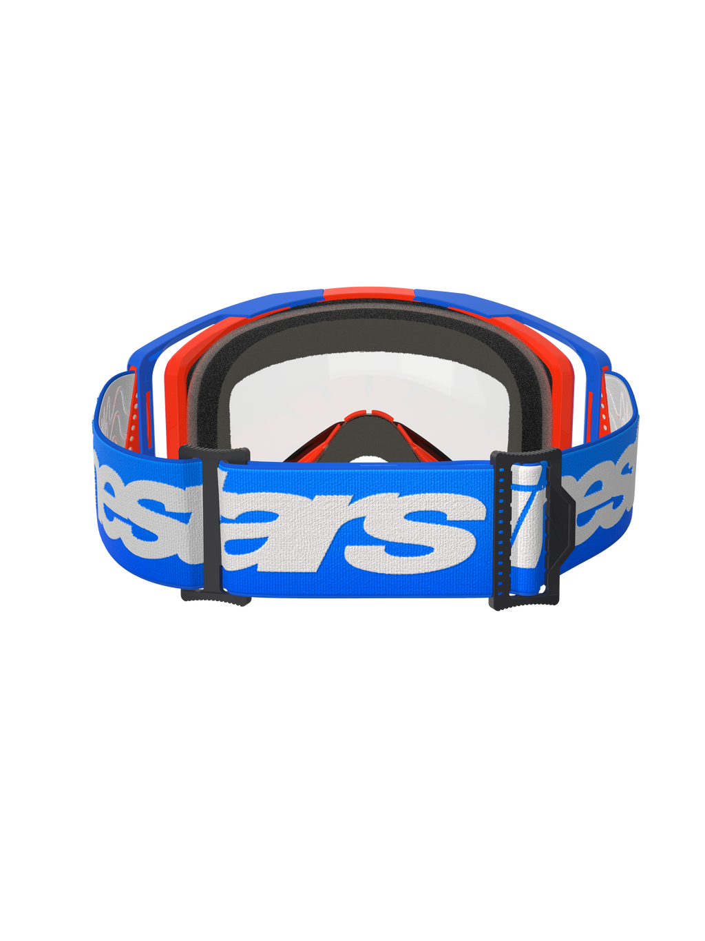 Alpinestars Vision 8 Wordmark-briller, motocross-briller, blå og orange med klar linse, bred blå rem med hvidt Alpinestars-logo, højtydende beskyttelsesbriller til off-road kørsel