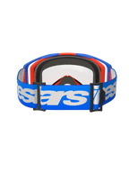 Alpinestars Vision 8 Wordmark-briller, motocross-briller, blå og orange med klar linse, bred blå rem med hvidt Alpinestars-logo, højtydende beskyttelsesbriller til off-road kørsel