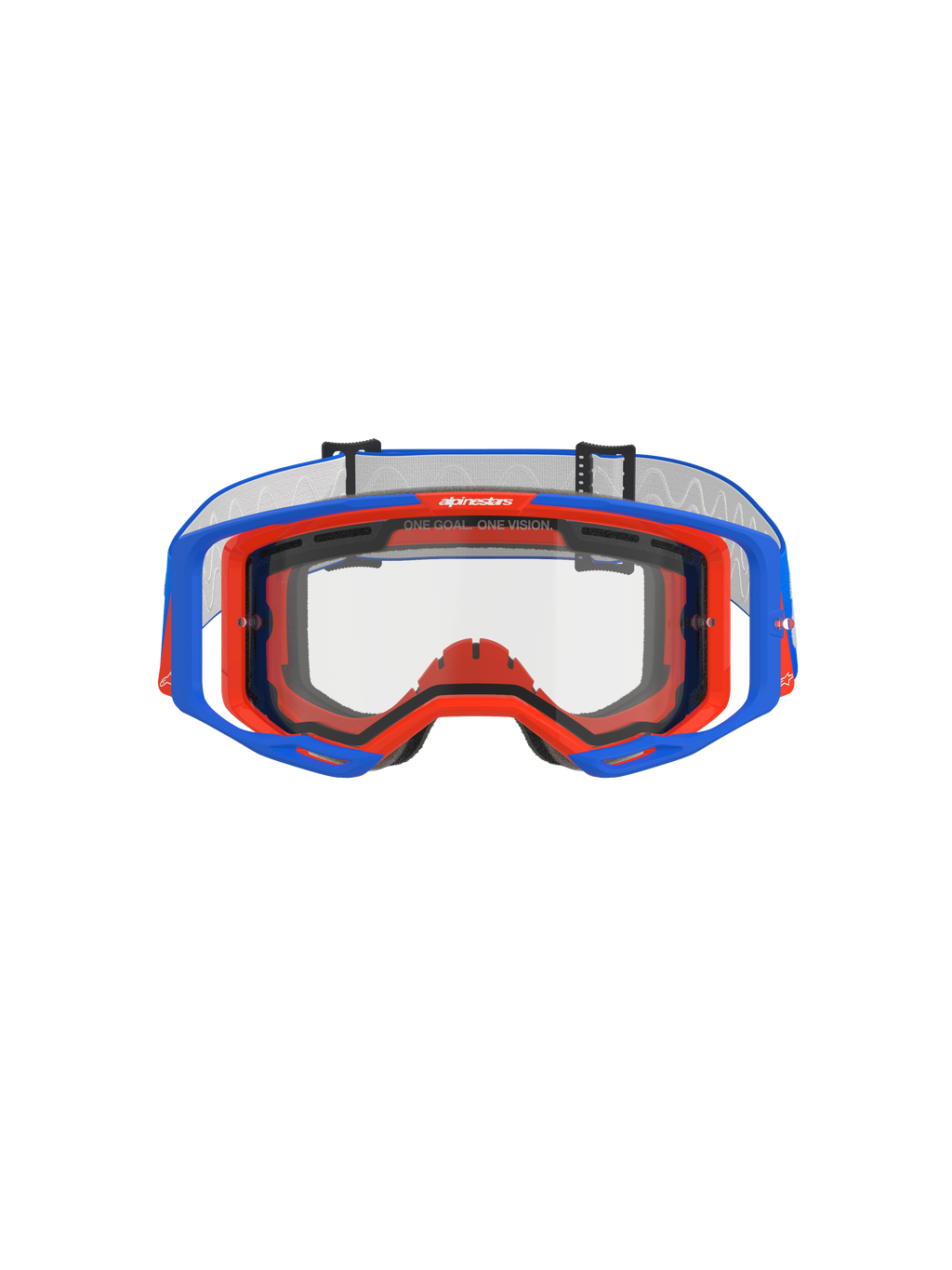 Alpinestars Vision 8 Wordmark Goggles Dual Pane, motocross-briller, blå og orange med klar linse, set forfra, viser A-FLEX-rammen og dobbeltlags linsen, har 'ONE GOAL. ONE VISION.' slogan på den øverste kant, højtydende off-road racerudstyr