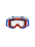 Alpinestars Vision 8 Wordmark Goggles Dual Pane, motocross-briller, blå og orange med klar linse, set forfra, viser A-FLEX-rammen og dobbeltlags linsen, har 'ONE GOAL. ONE VISION.' slogan på den øverste kant, højtydende off-road racerudstyr