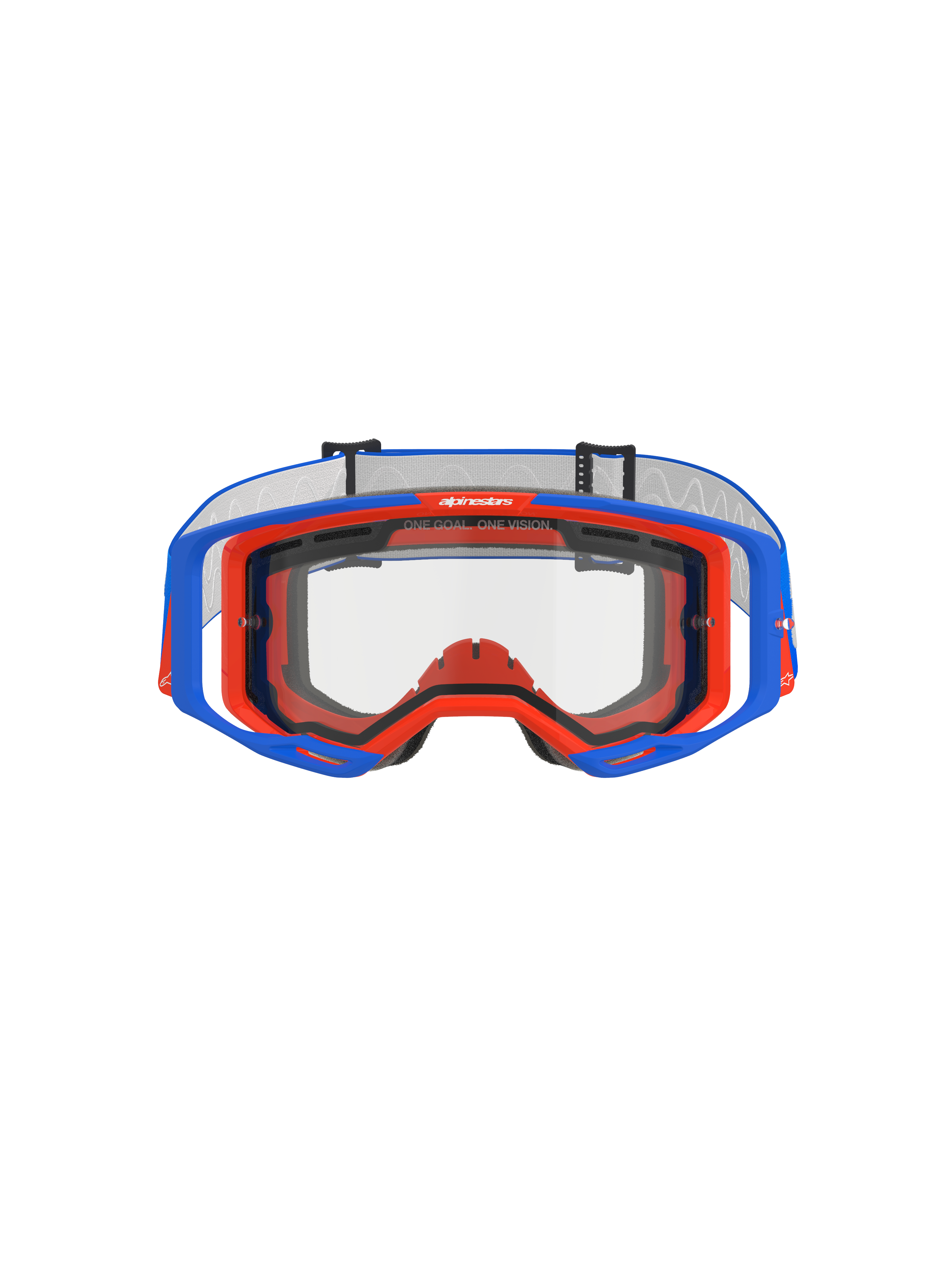 Alpinestars Vision 8 Wordmark Goggles Dual Pane, motocross-briller, blå og orange med klar linse, set forfra, viser A-FLEX-rammen og dobbeltlags linsen, har 'ONE GOAL. ONE VISION.' slogan på den øverste kant, højtydende off-road racerudstyr