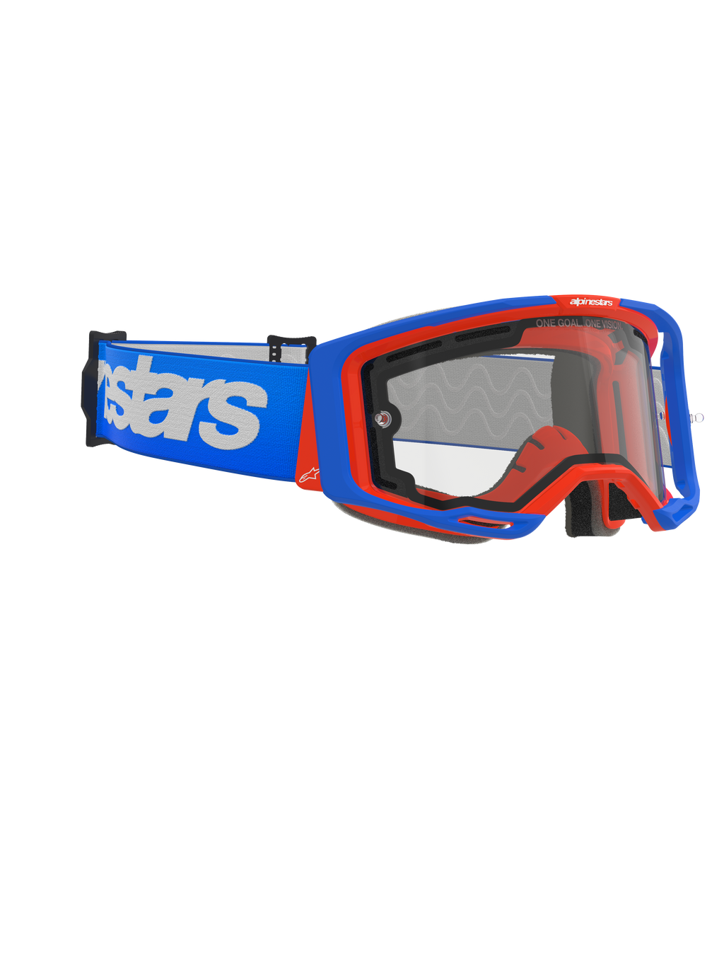 Alpinestars Vision 8 Wordmark Goggles Dual Pane, motocross-briller, blå og orange med klar linse, bred blå rem med markant hvidt wordmark, ergonomisk design til off-road racing