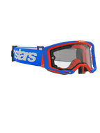 Alpinestars Vision 8 Wordmark Goggles Dual Pane, motocross-briller, blå og orange med klar linse, bred blå rem med markant hvidt wordmark, ergonomisk design til off-road racing