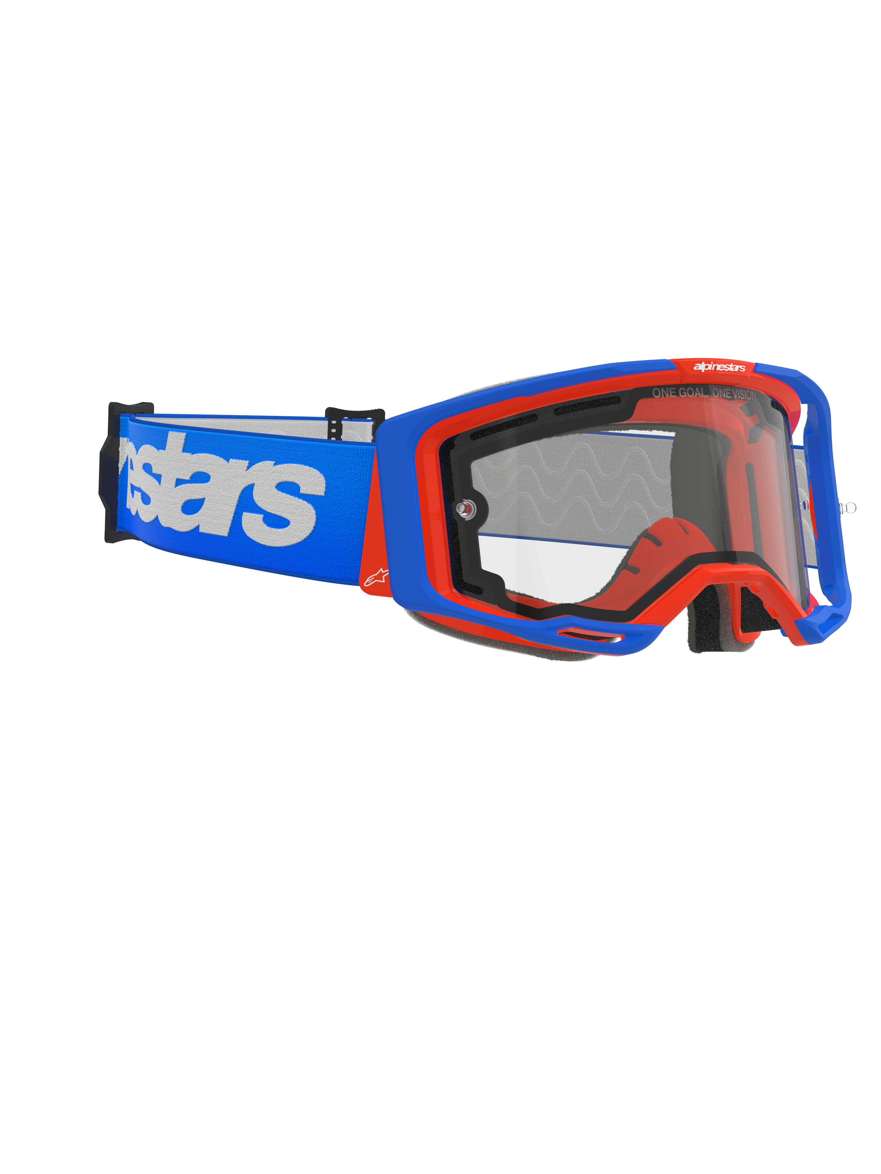Alpinestars Vision 8 Wordmark Goggles Dual Pane, motocross-briller, blå og orange med klar linse, bred blå rem med markant hvidt wordmark, ergonomisk design til off-road racing