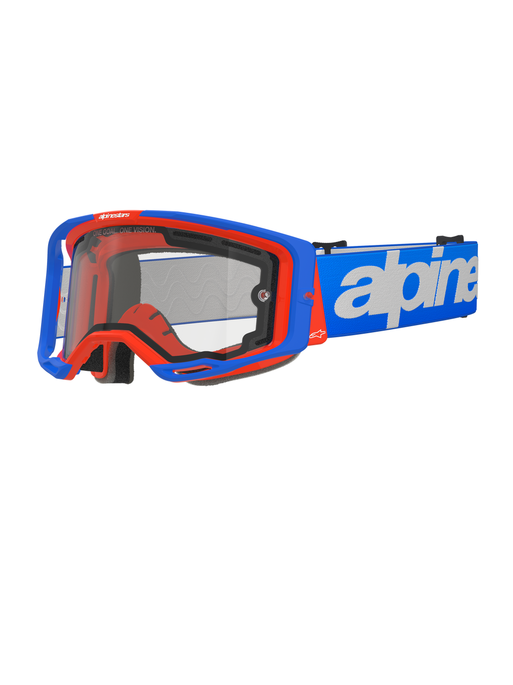 Alpinestars Vision 8 Wordmark Goggles Dual Pane, motocross-briller, blå og orange, klar dobbeltlinse, blå rem med hvid tekst, sort skumpolstring, off-road racerudstyr