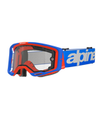 Alpinestars Vision 8 Wordmark Goggles Dual Pane, motocross-briller, blå og orange, klar dobbeltlinse, blå rem med hvid tekst, sort skumpolstring, off-road racerudstyr